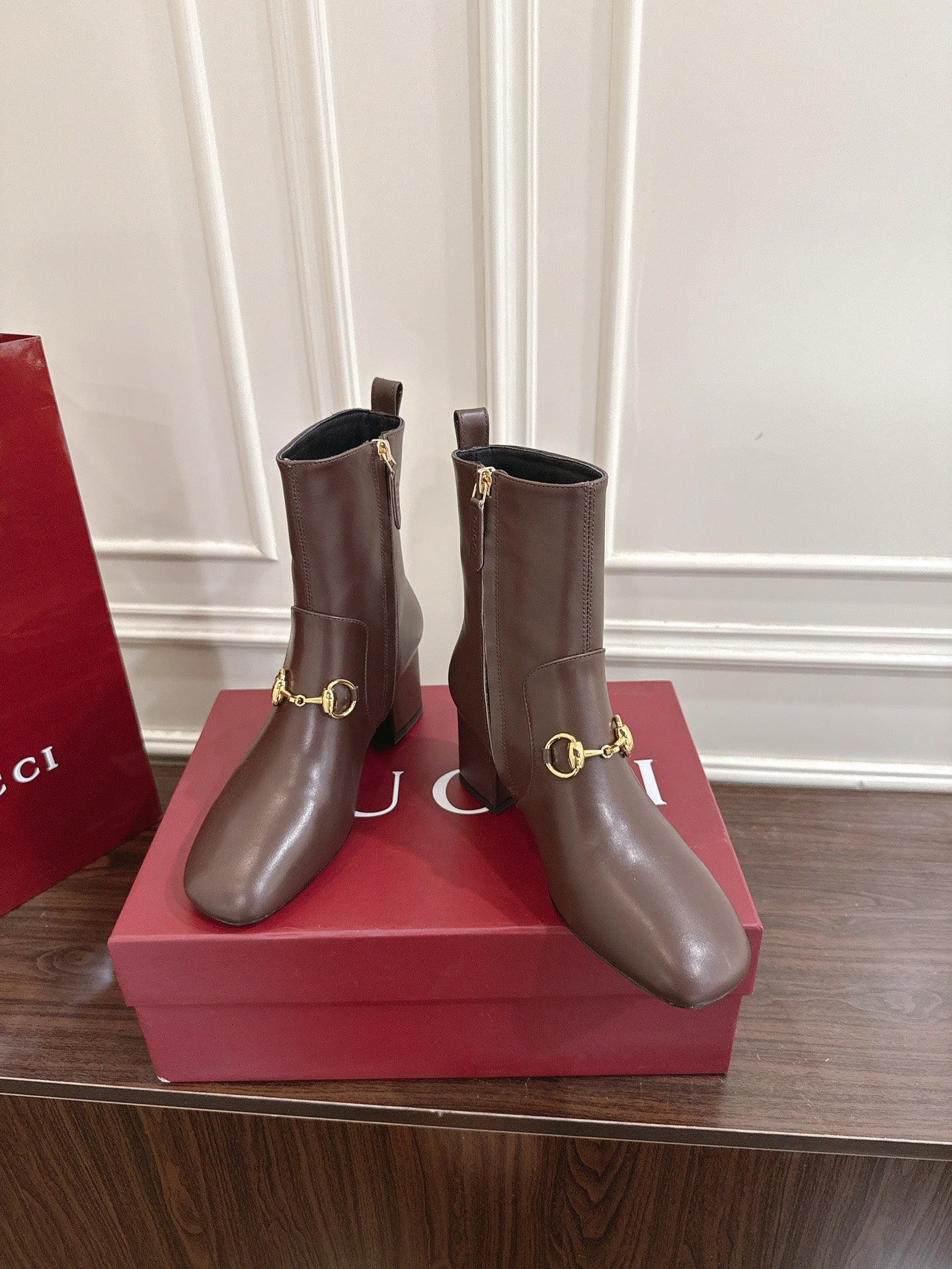 Gucci Horsebit Chunky Heel Ankle Boots Dark Brown Cowhide 490562