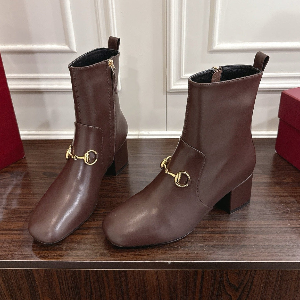 Gucci Horsebit Chunky Heel Ankle Boots Dark Brown Cowhide 490562