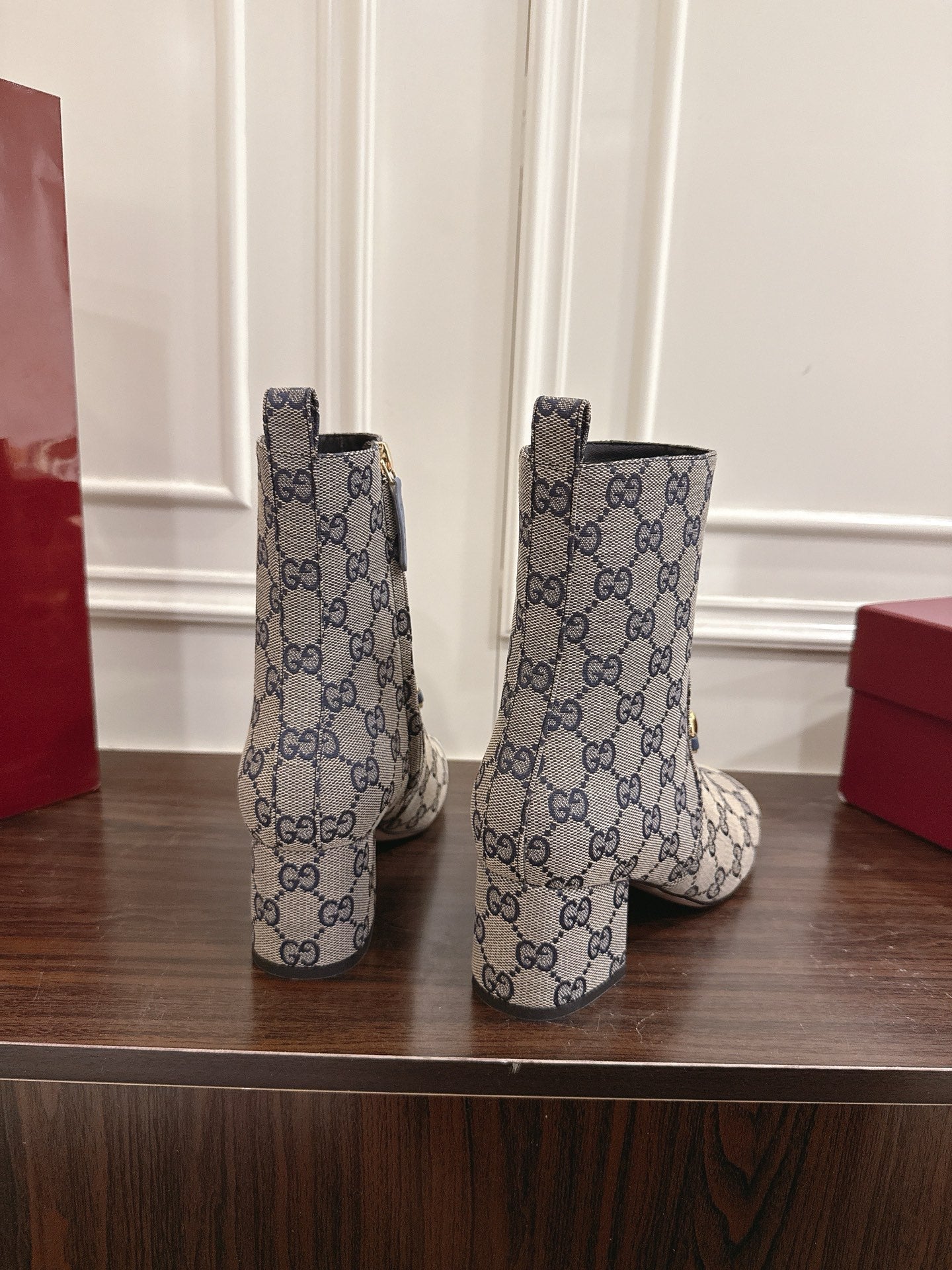 Gucci Horsebit Chunky Heel Ankle Boots Blue Ebony Cowhide Fabric 490558