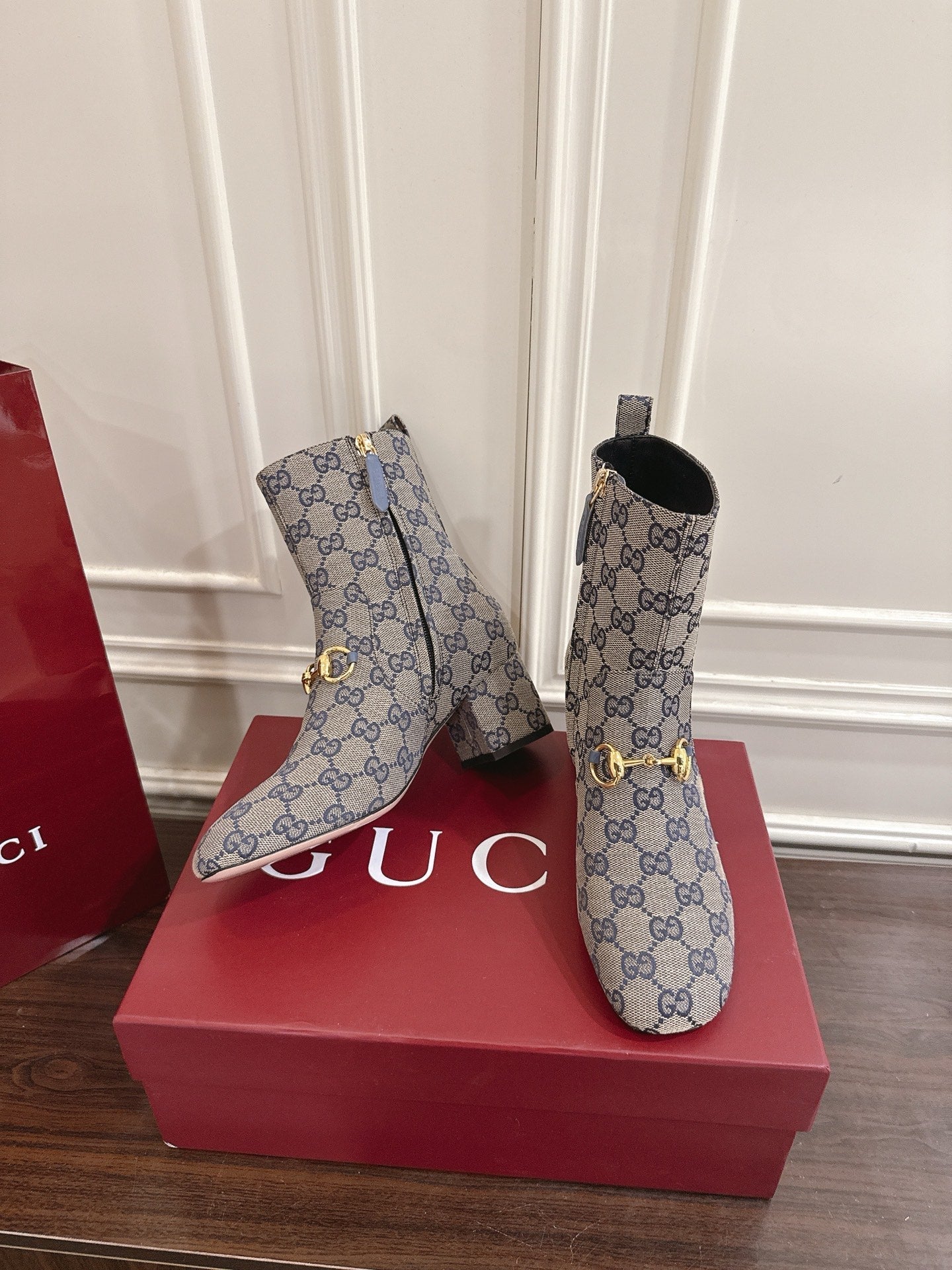 Gucci Horsebit Chunky Heel Ankle Boots Blue Ebony Cowhide Fabric 490558