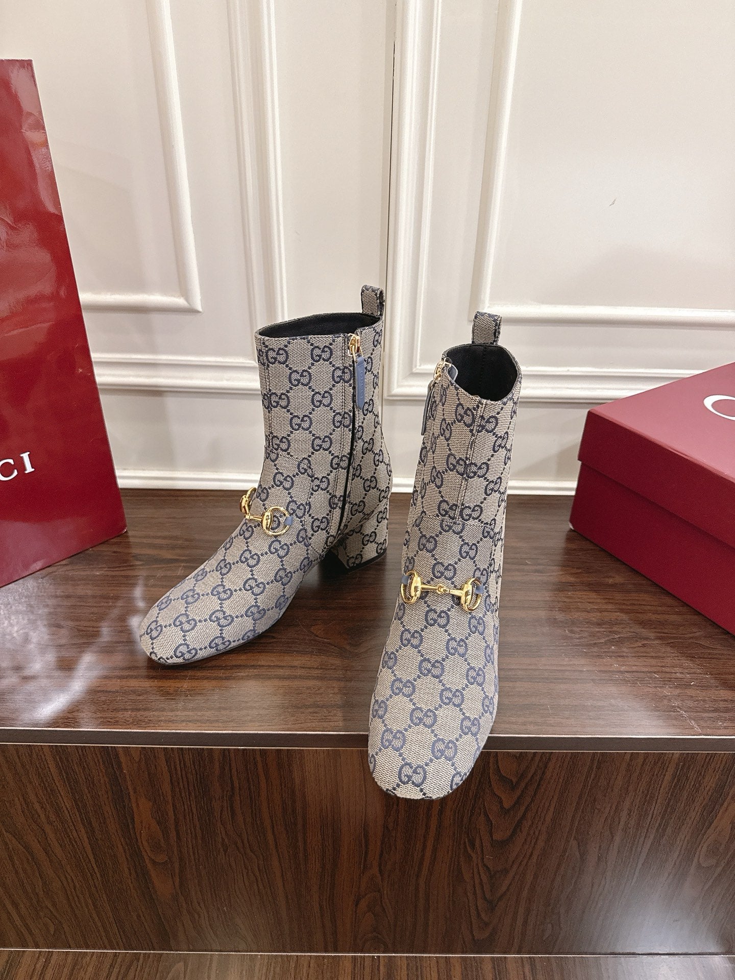 Gucci Horsebit Chunky Heel Ankle Boots Blue Ebony Cowhide Fabric 490558