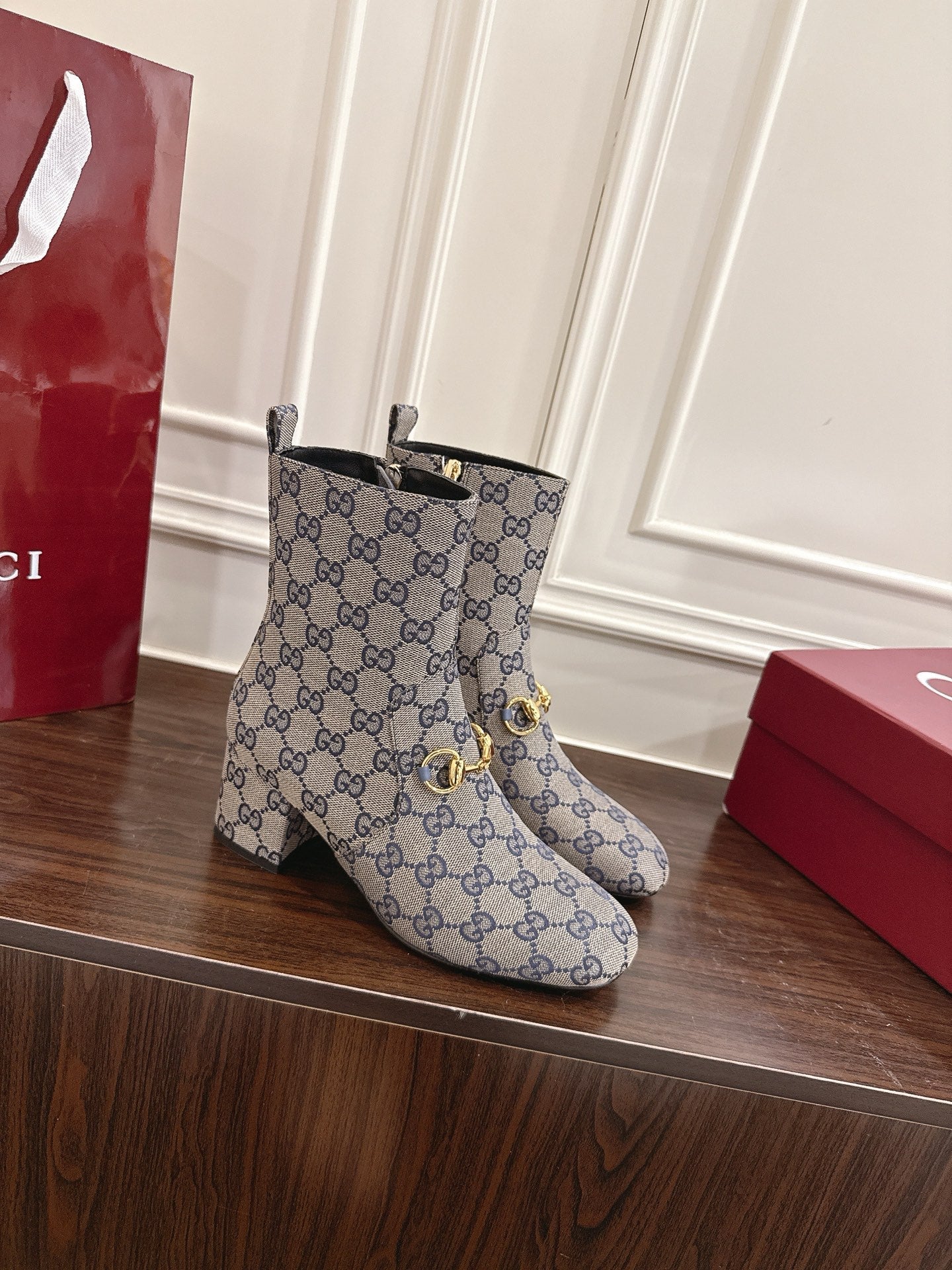 Gucci Horsebit Chunky Heel Ankle Boots Blue Ebony Cowhide Fabric 490558