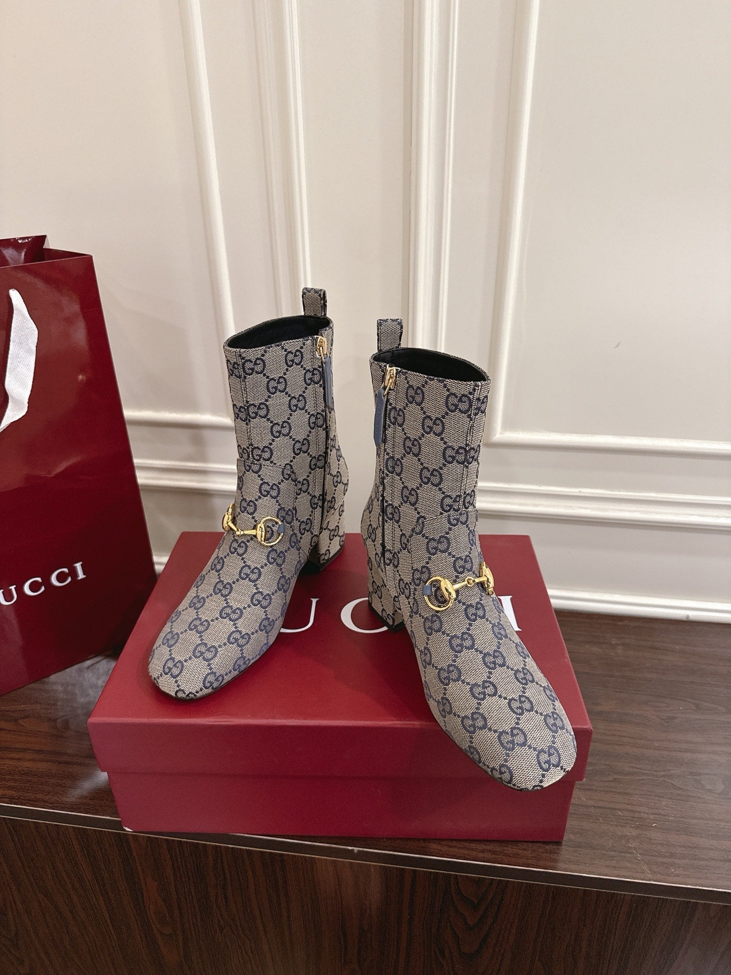 Gucci Horsebit Chunky Heel Ankle Boots Blue Ebony Cowhide Fabric 490558