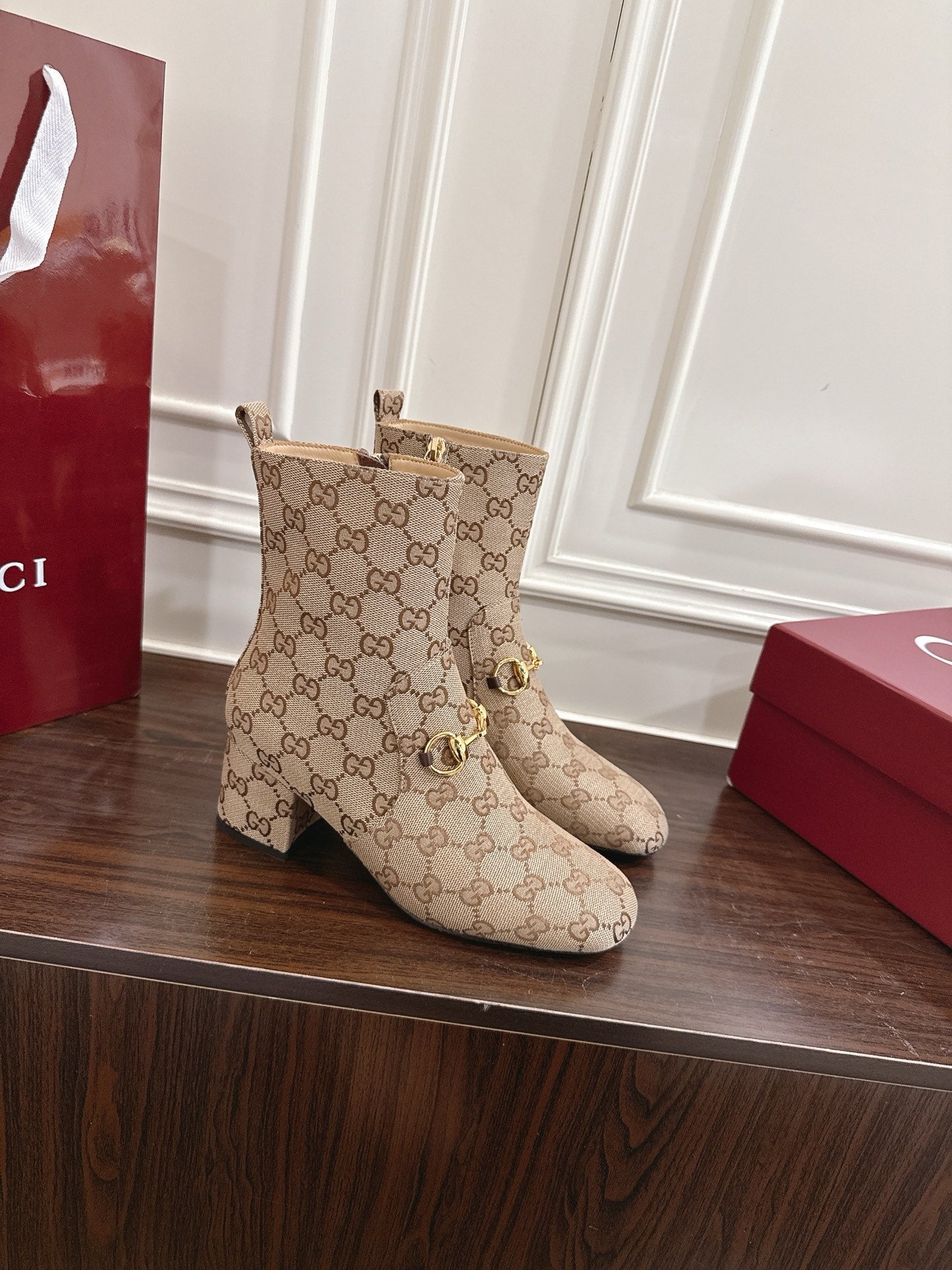 Gucci Horsebit Chunky Heel Ankle Boots Brown Beige Cowhide Fabric 490559