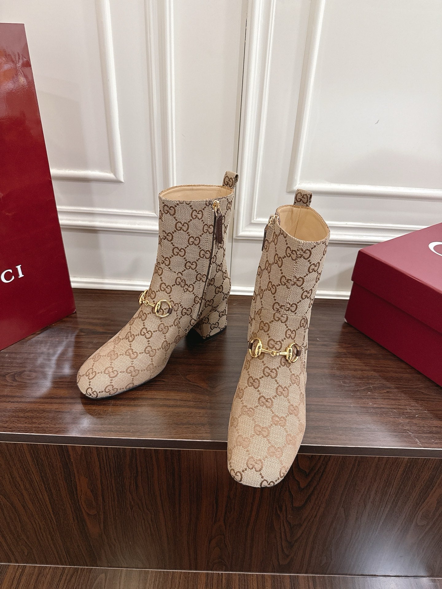 Gucci Horsebit Chunky Heel Ankle Boots Brown Beige Cowhide Fabric 490559