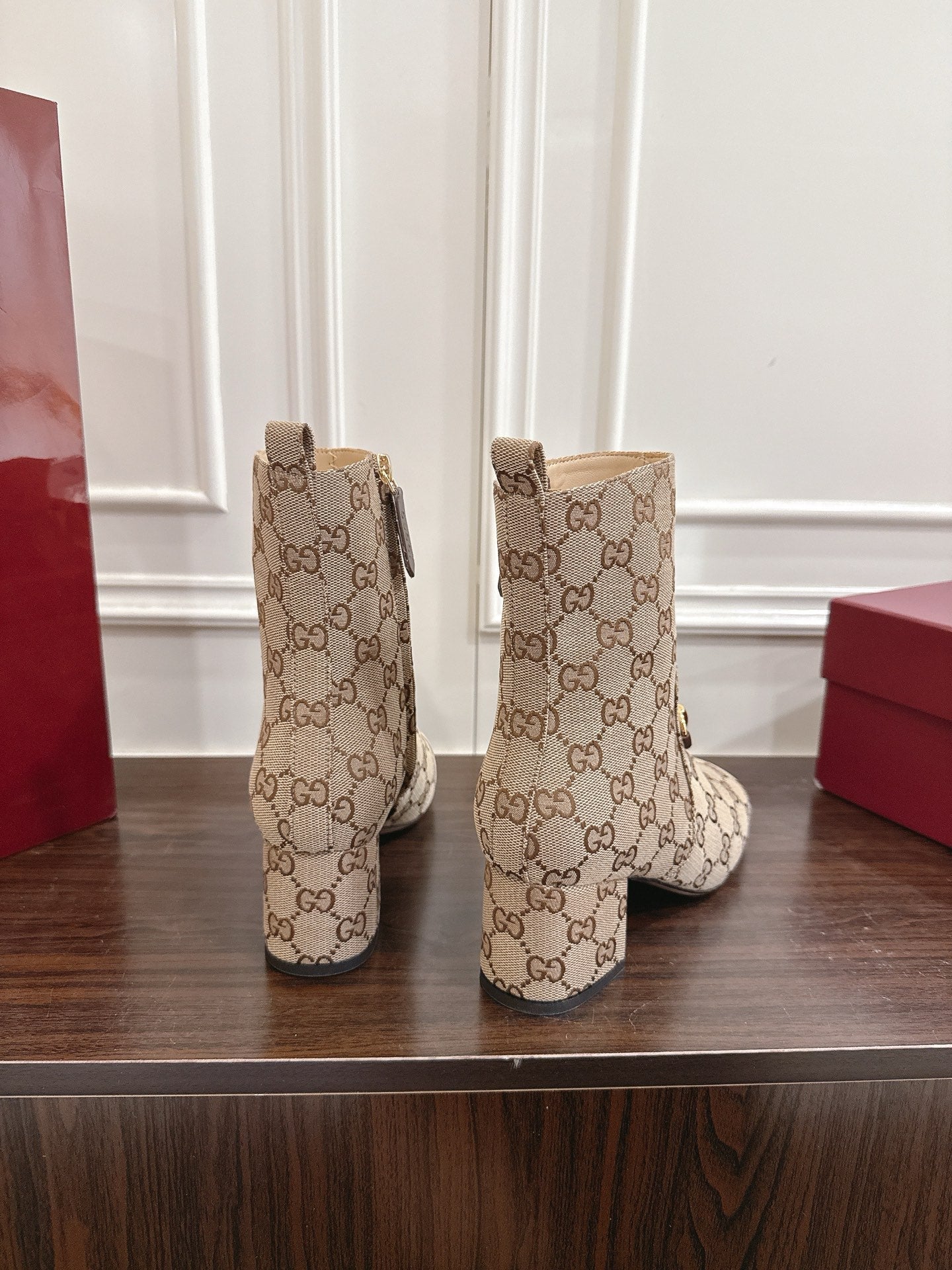 Gucci Horsebit Chunky Heel Ankle Boots Brown Beige Cowhide Fabric 490559