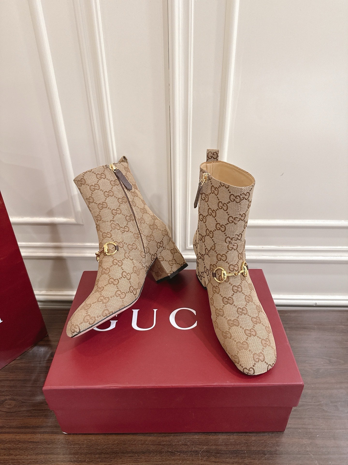 Gucci Horsebit Chunky Heel Ankle Boots Brown Beige Cowhide Fabric 490559