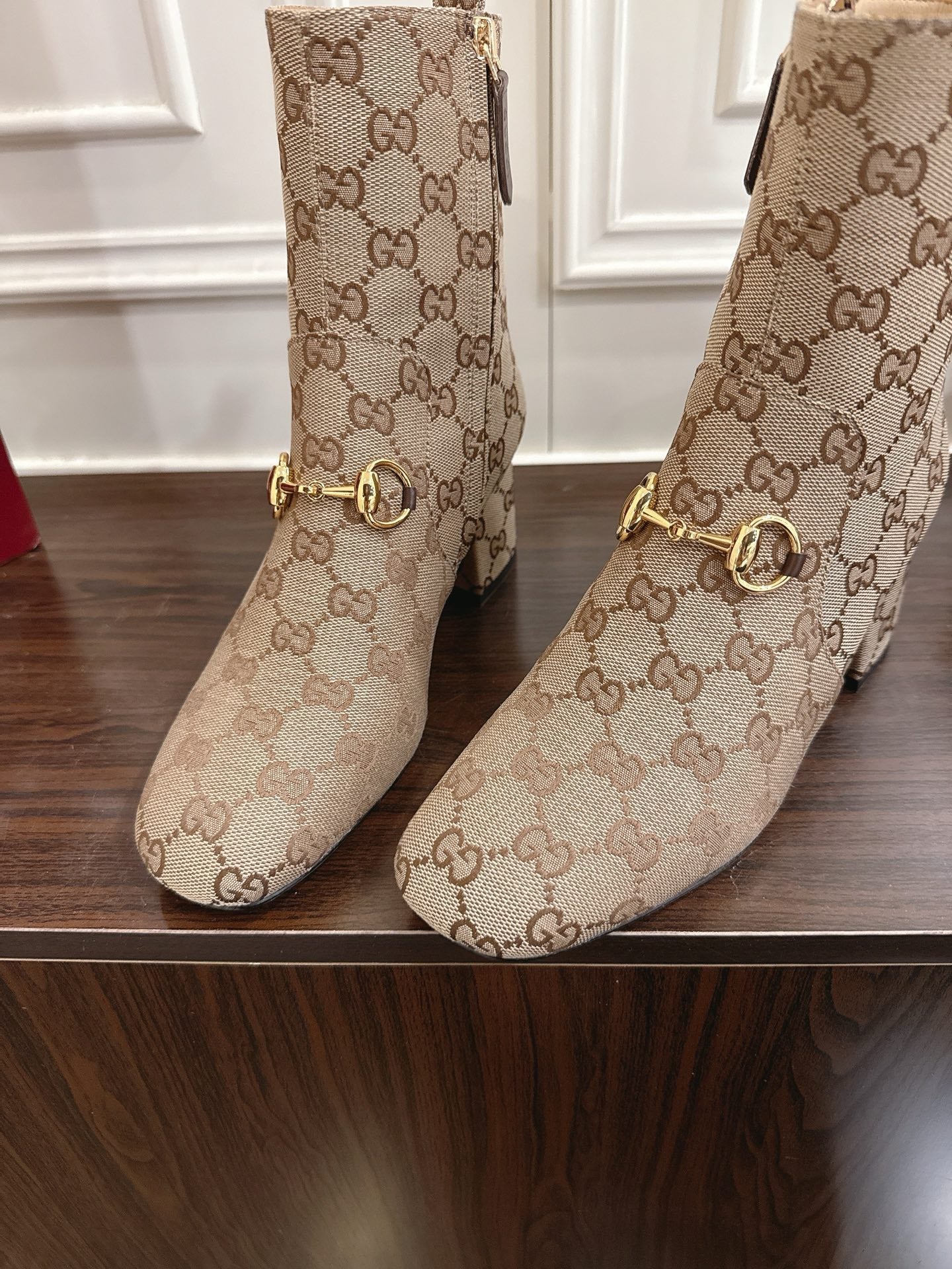 Gucci Horsebit Chunky Heel Ankle Boots Brown Beige Cowhide Fabric 490559