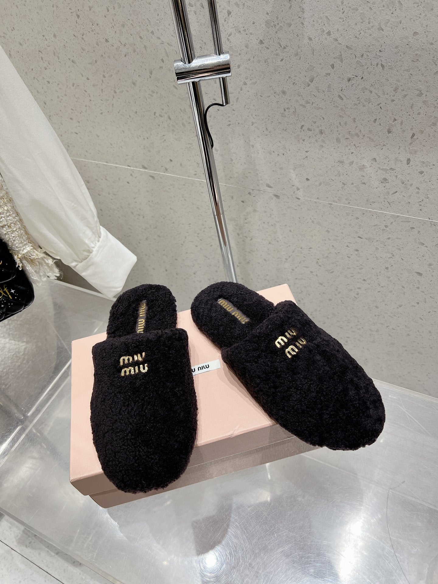 Miu Slippers Black Wool Fabric