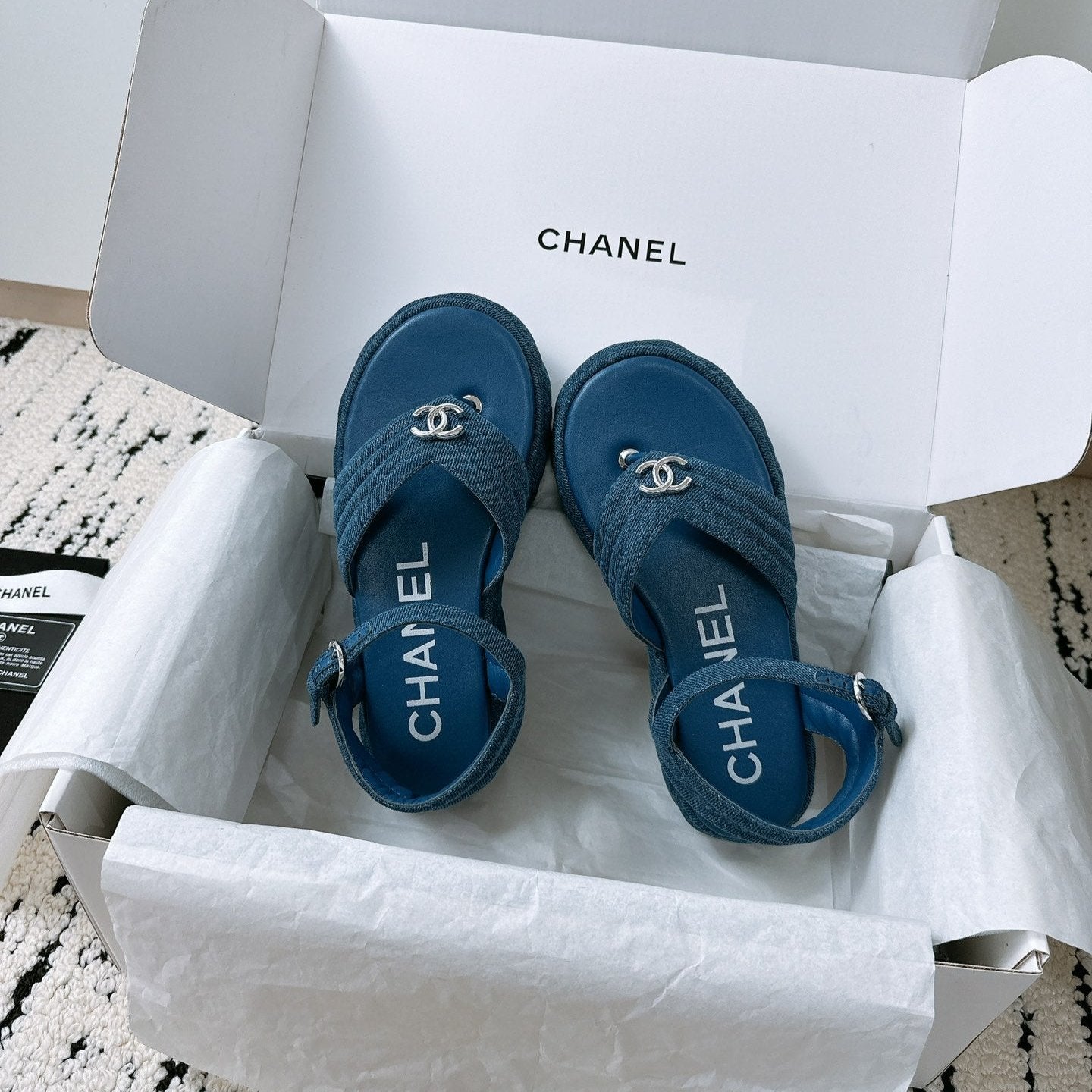 CC Sandals In Navy Blue Denim Fabric 144526