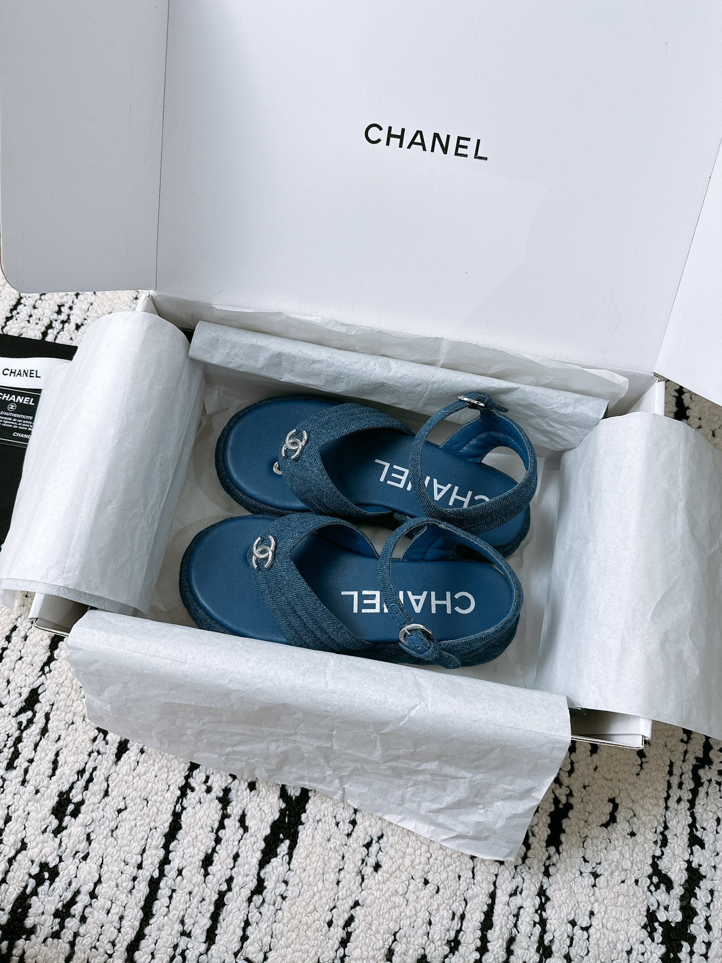 CC Sandals In Navy Blue Denim Fabric 144526