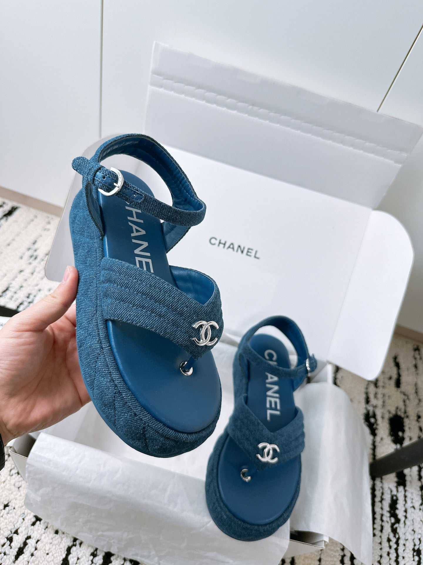 CC Sandals In Navy Blue Denim Fabric 144526