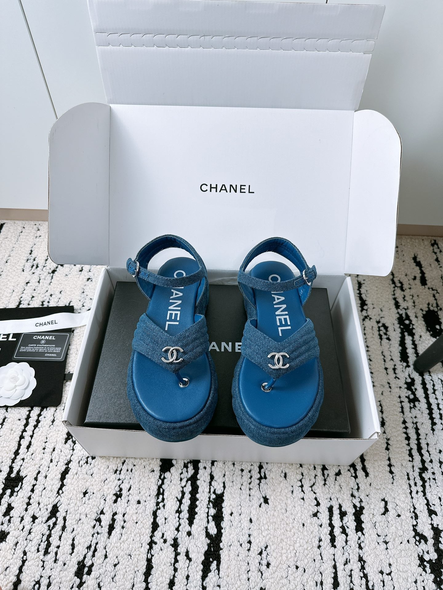 CC Sandals In Navy Blue Denim Fabric 144526