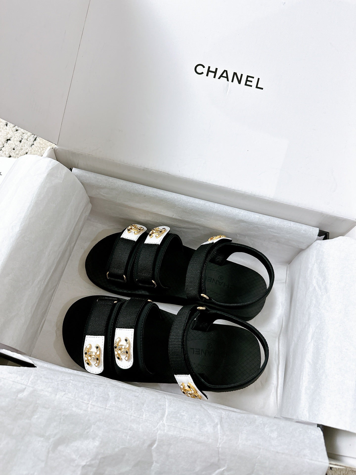 CC 25 Dad Sandals Black White Fabric Leather 300168