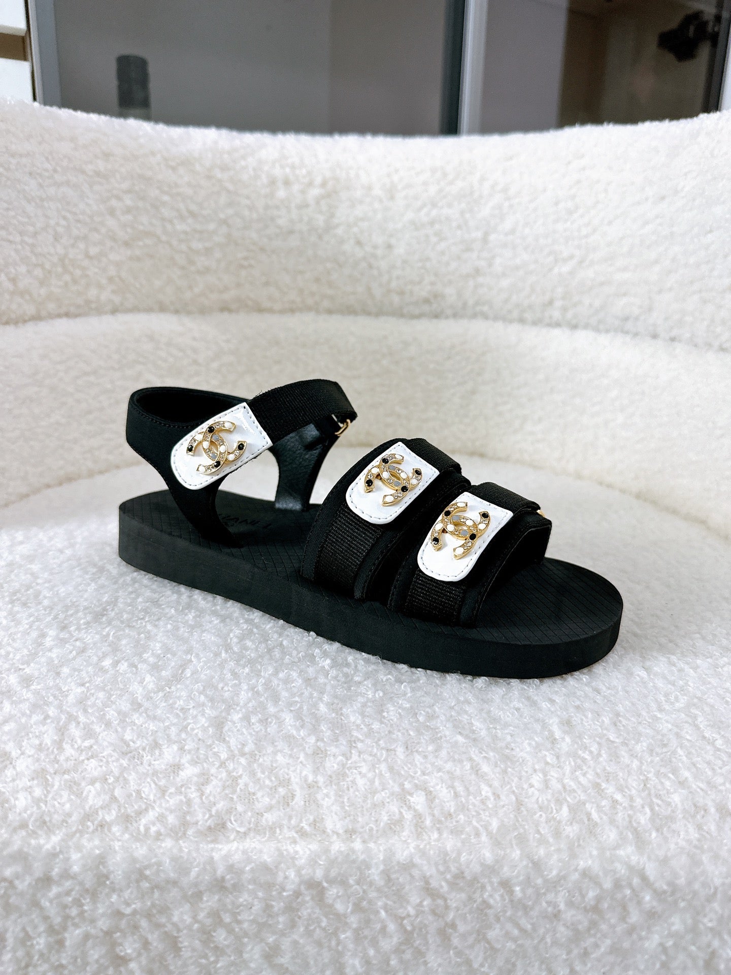 CC 25 Dad Sandals Black White Fabric Leather 300168