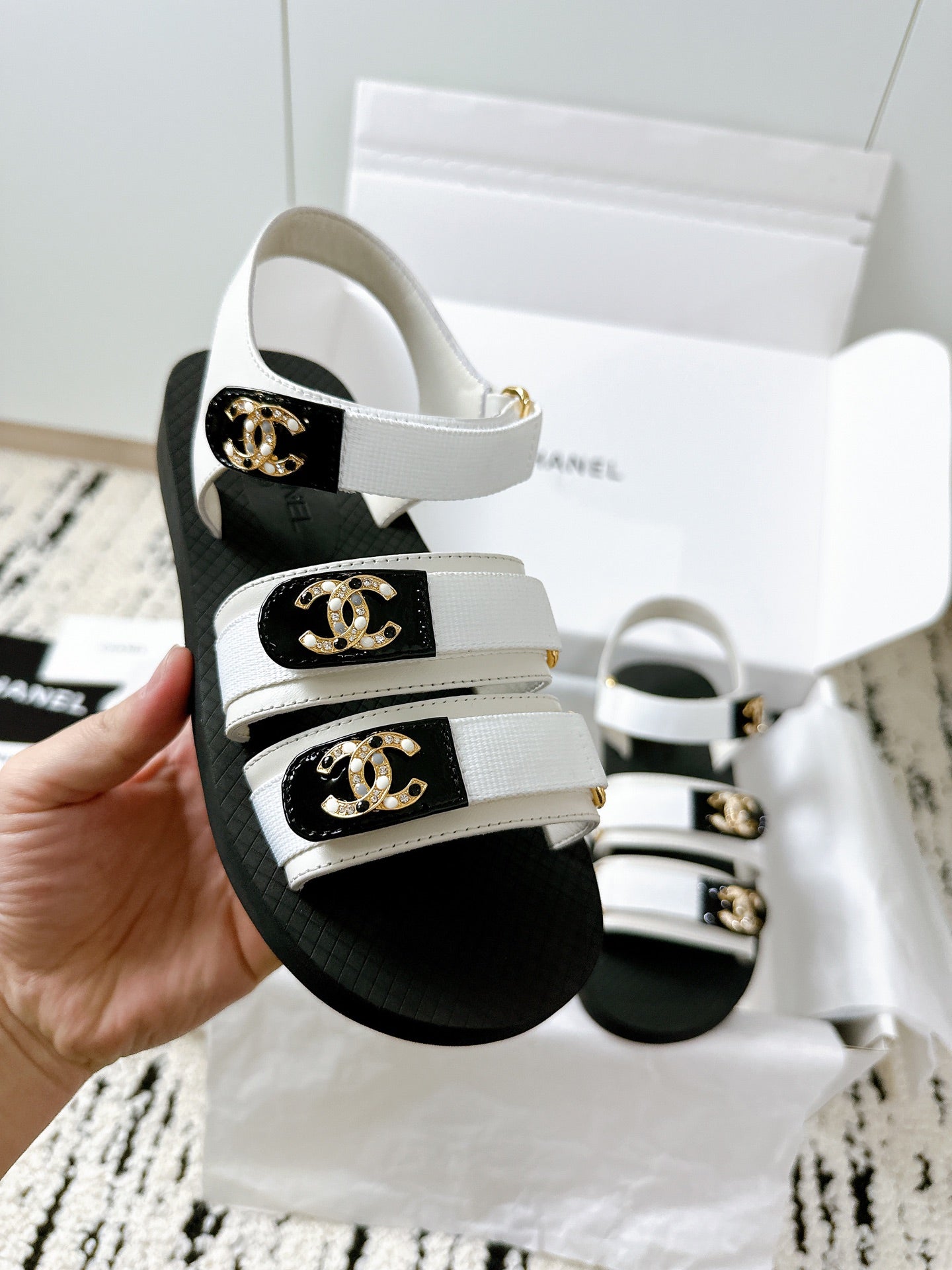 CC 25 Dad Sandals White Fabric Leather 300170