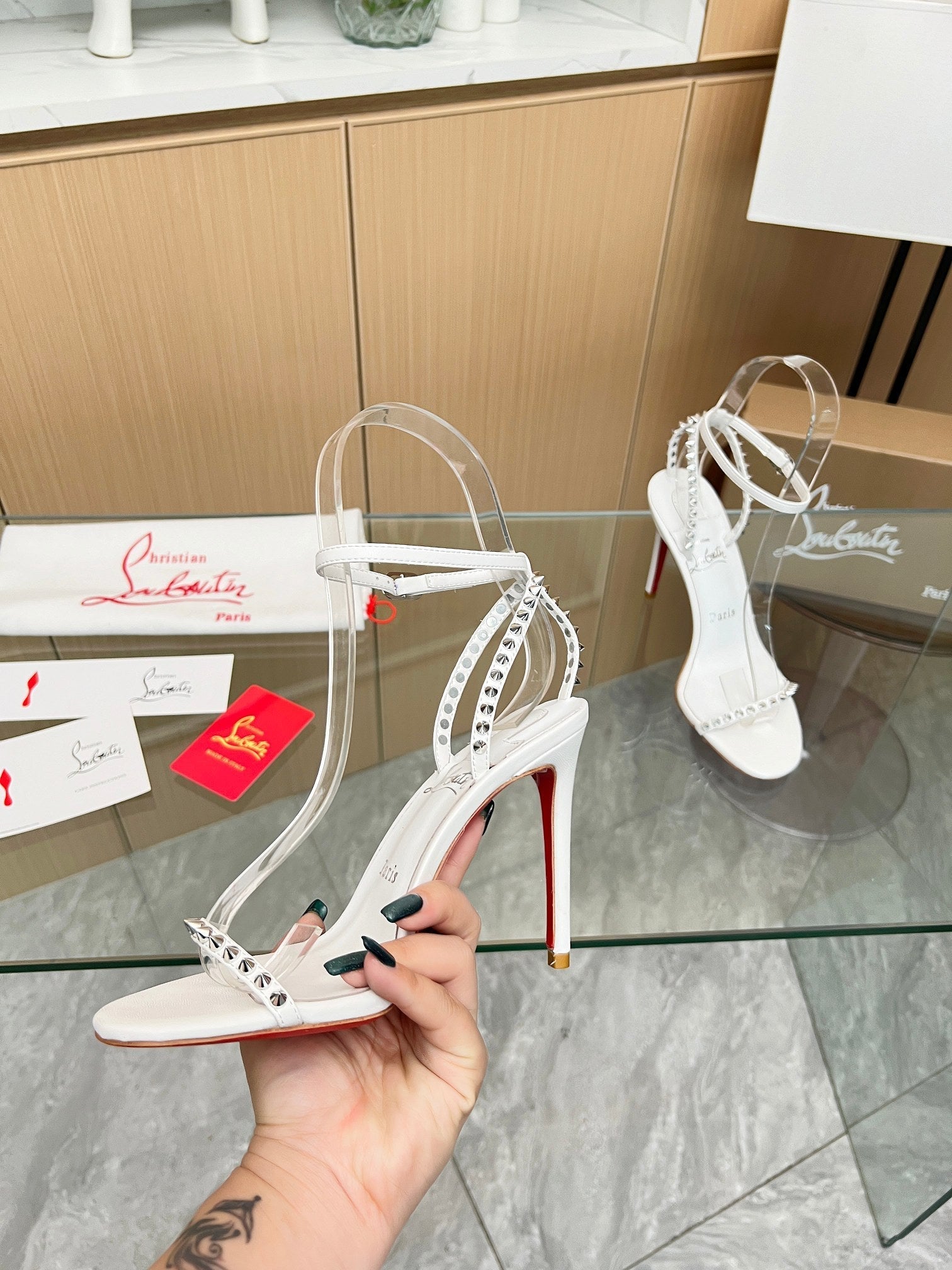CL So Me 105 mm Strappy Sandal White Imported Rivets with Sheepskin 251018
