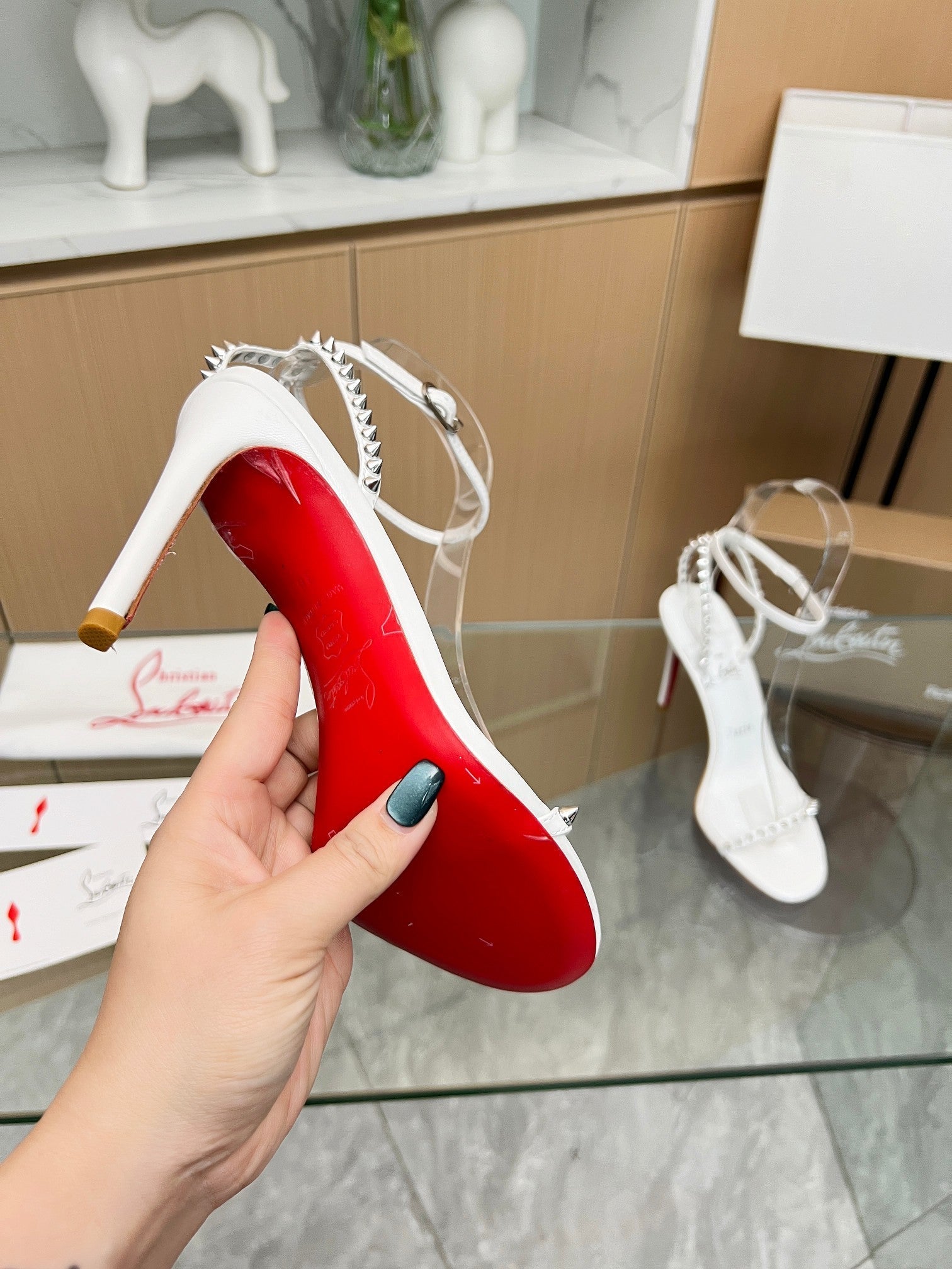 CL So Me 105 mm Strappy Sandal White Imported Rivets with Sheepskin 251018