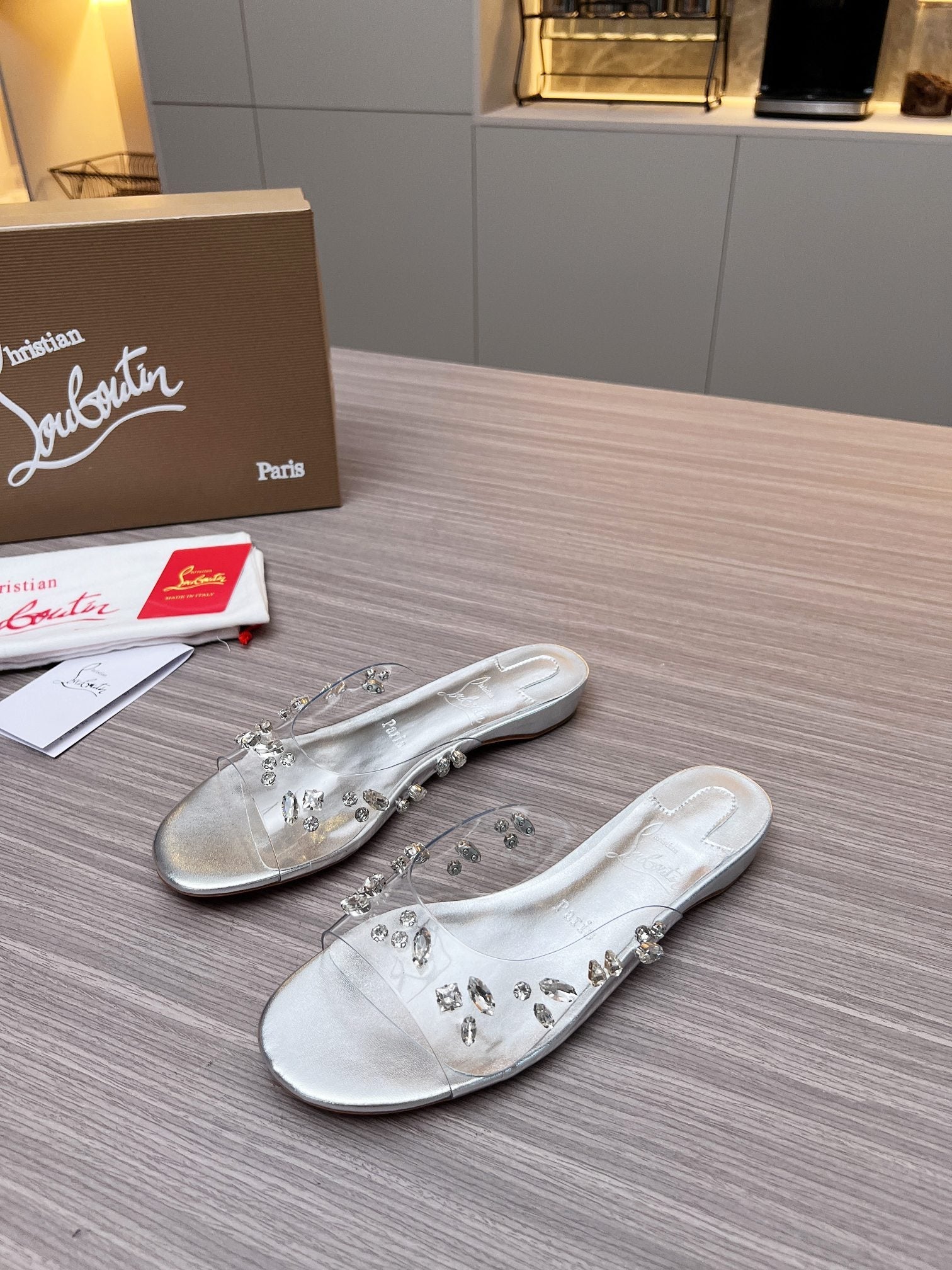 CL Slippers Silver PVC and Iridescent Nappa Leather 251047
