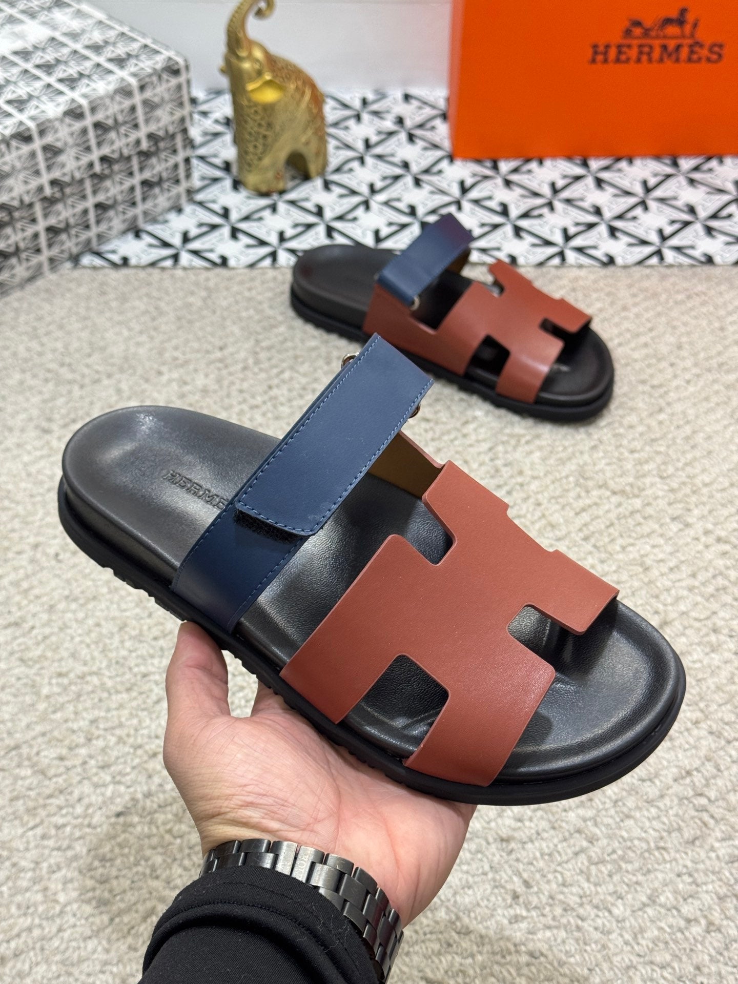 HM Men's Chypre Slide Brown Blue Cowhide 542932