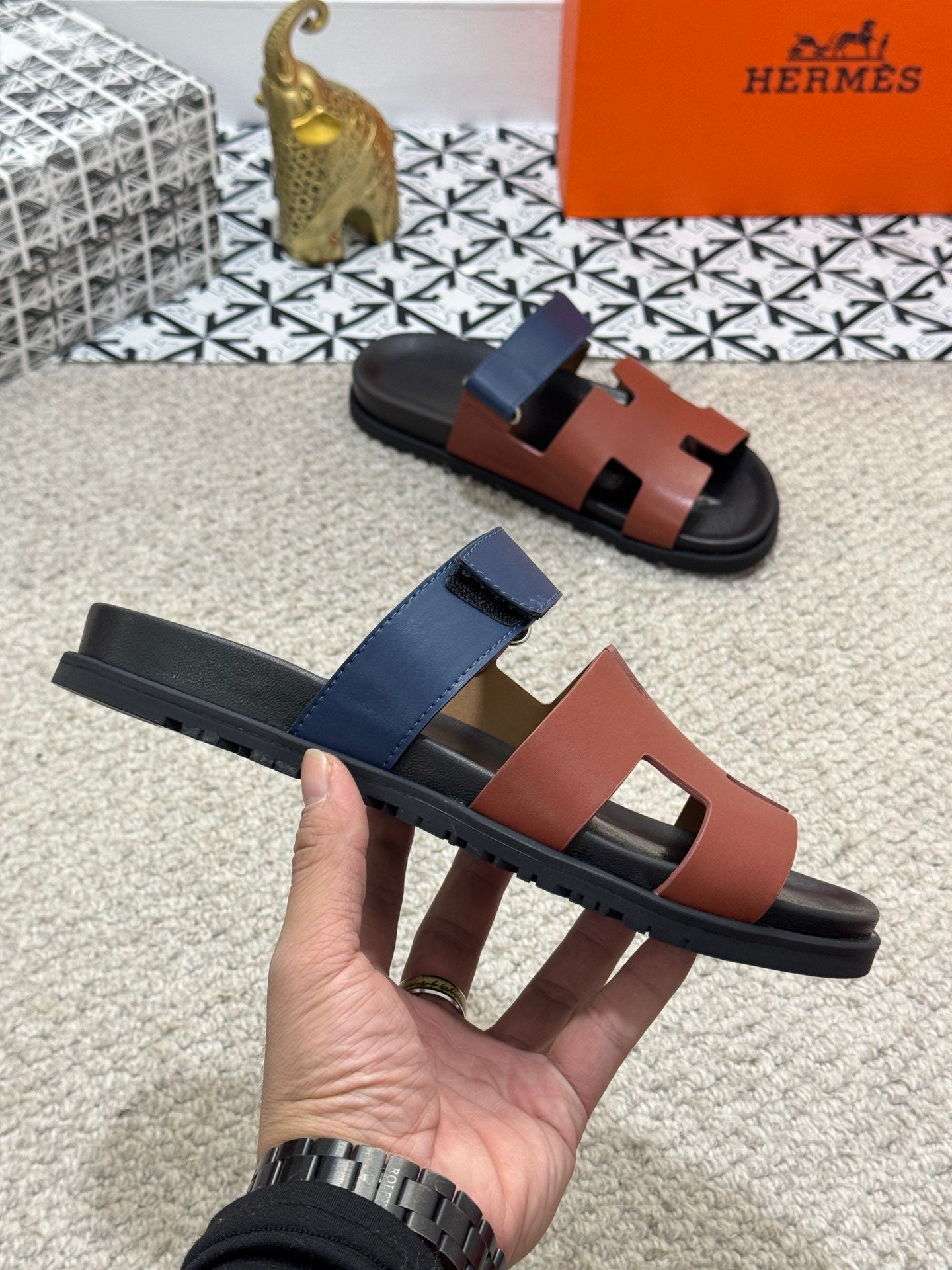 HM Men's Chypre Slide Brown Blue Cowhide 542932