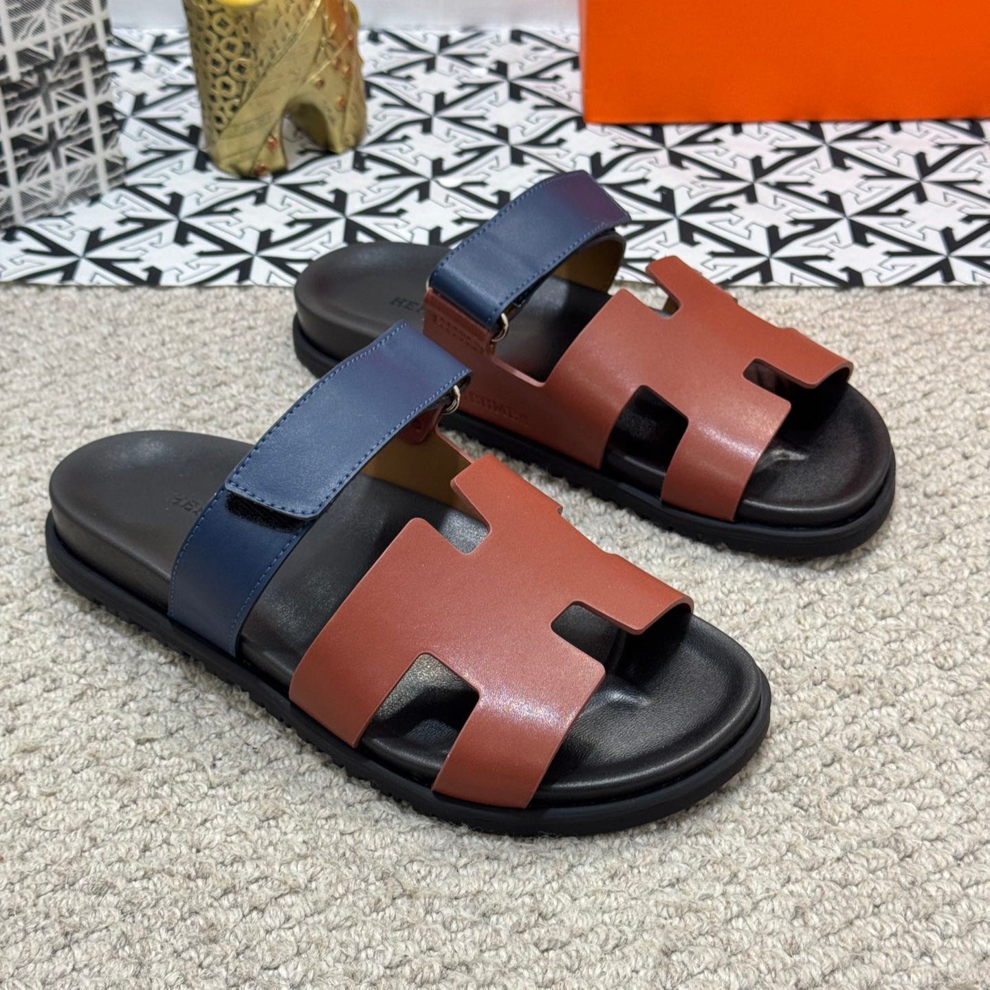 HM Men's Chypre Slide Brown Blue Cowhide 542932