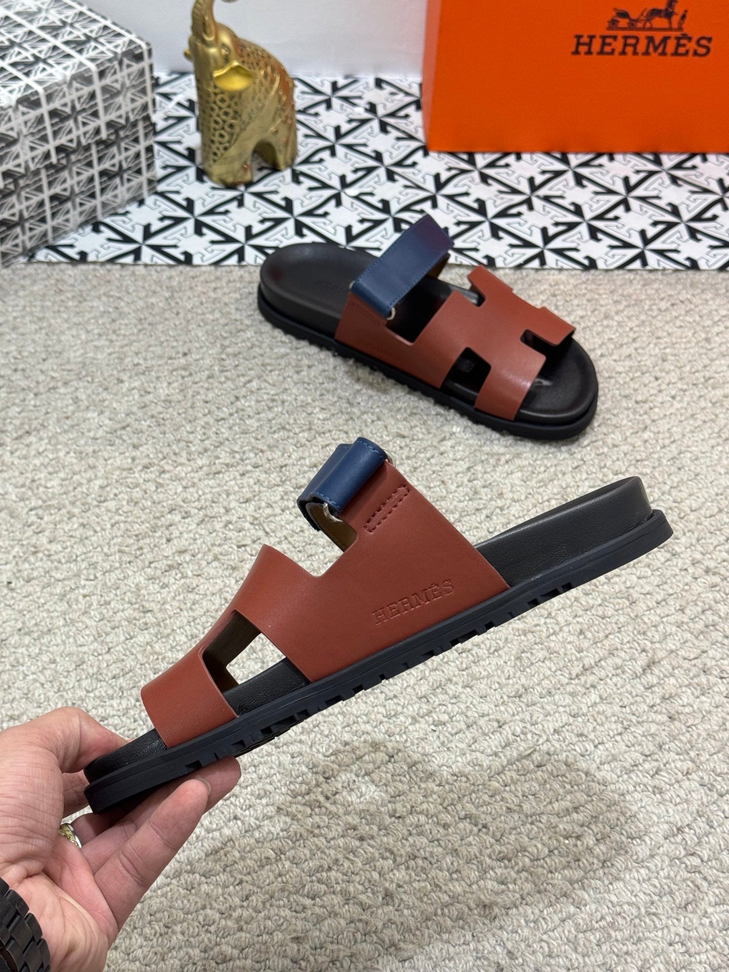 HM Men's Chypre Slide Brown Blue Cowhide 542932