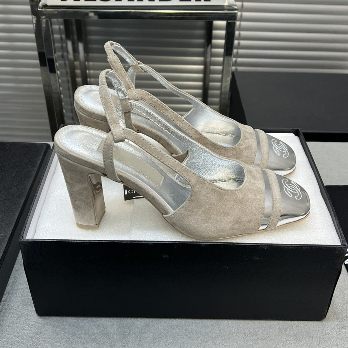slingback grey suede silver metalic lambskin square toe 9.5