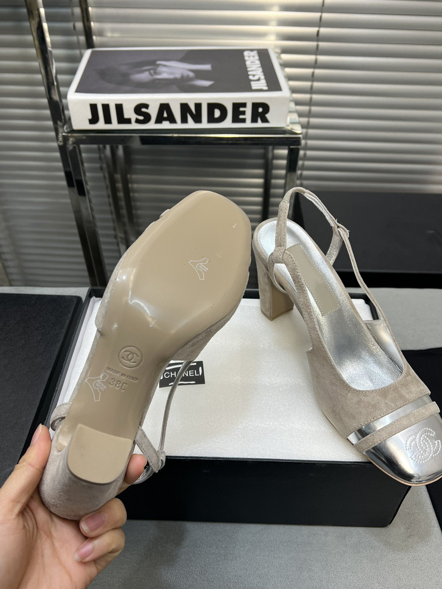 slingback grey suede silver metalic lambskin square toe 9.5