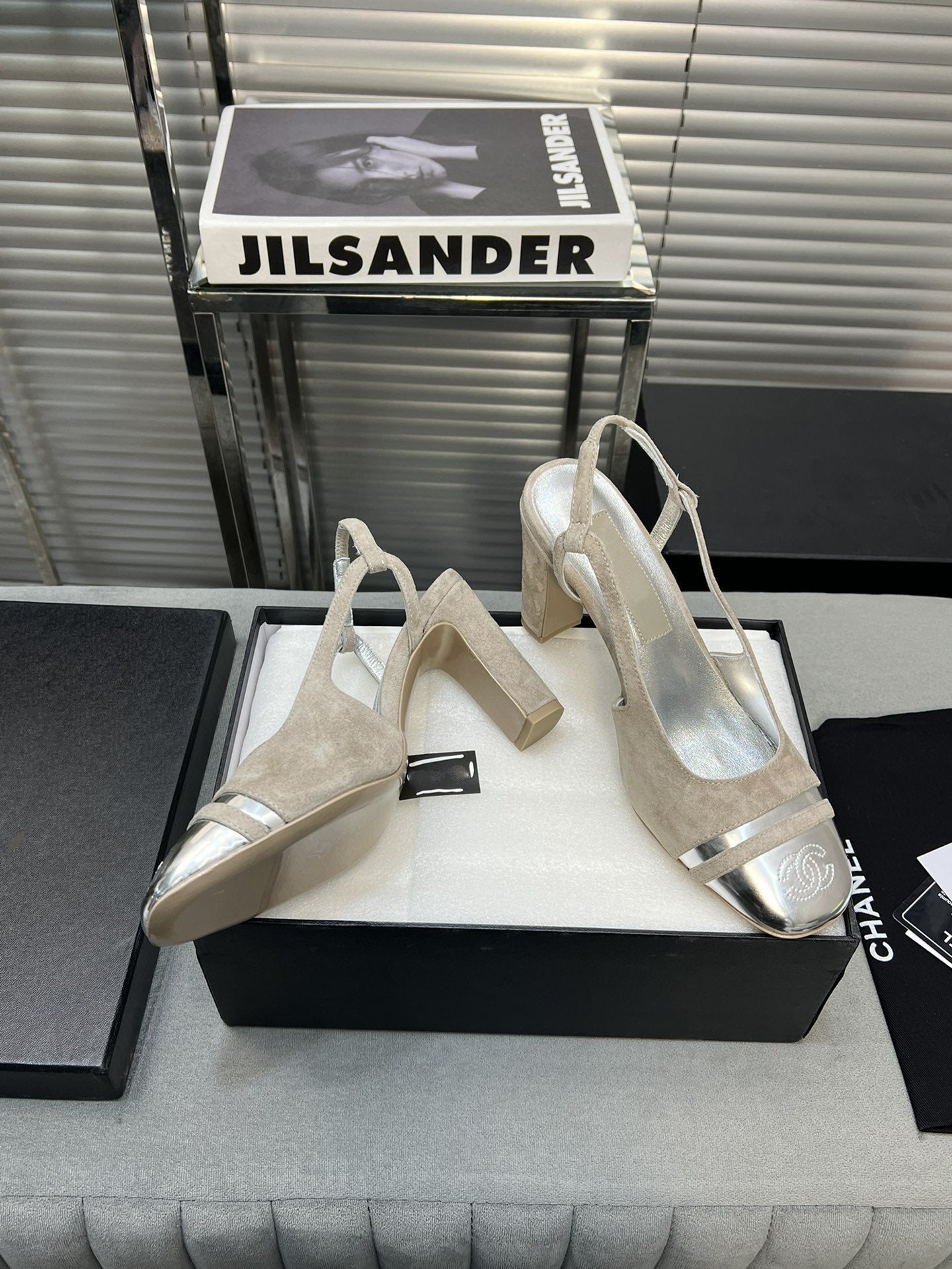 slingback grey suede silver metalic lambskin square toe 9.5