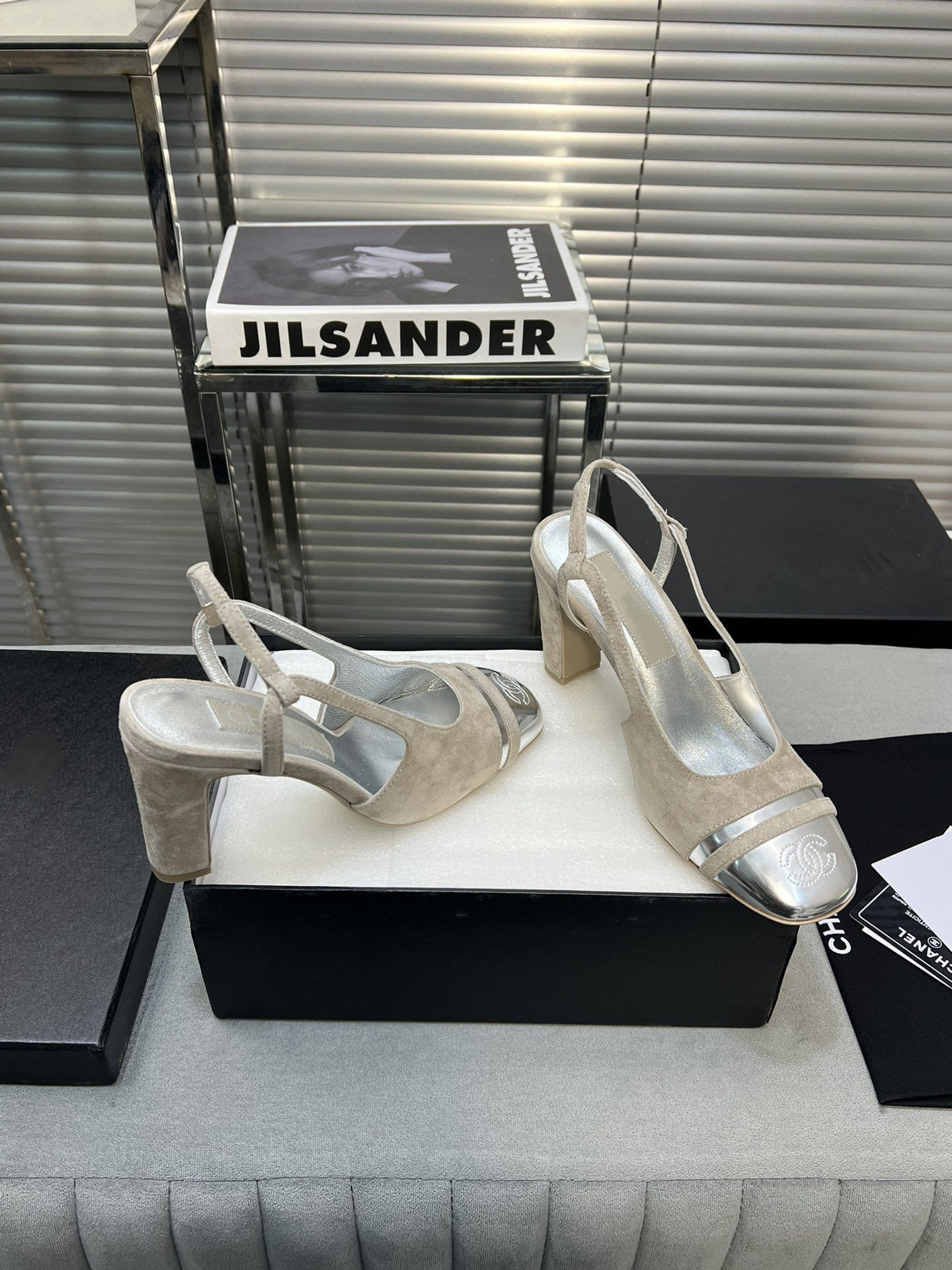 slingback grey suede silver metalic lambskin square toe 9.5