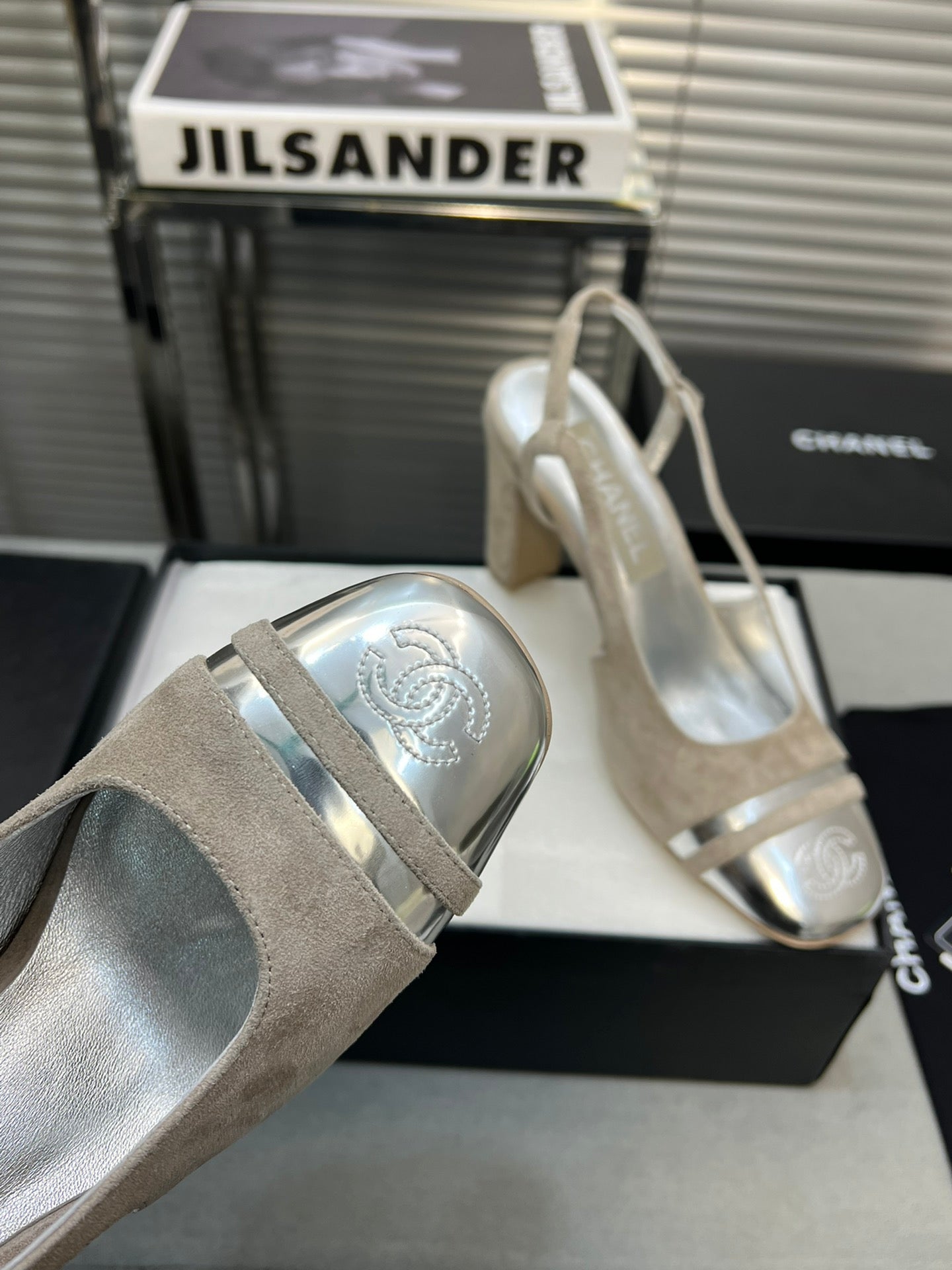 slingback grey suede silver metalic lambskin square toe 9.5