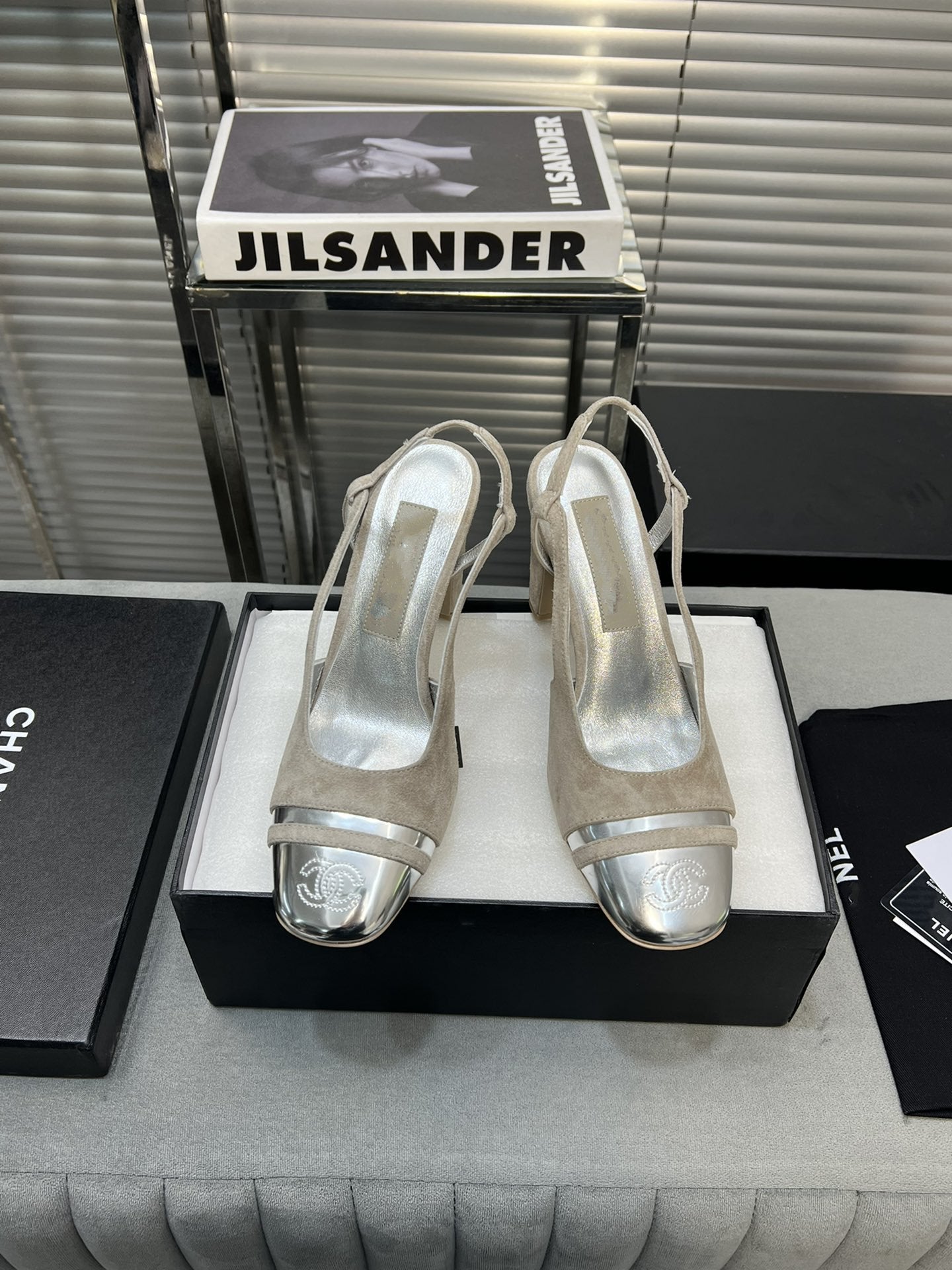 slingback grey suede silver metalic lambskin square toe 9.5