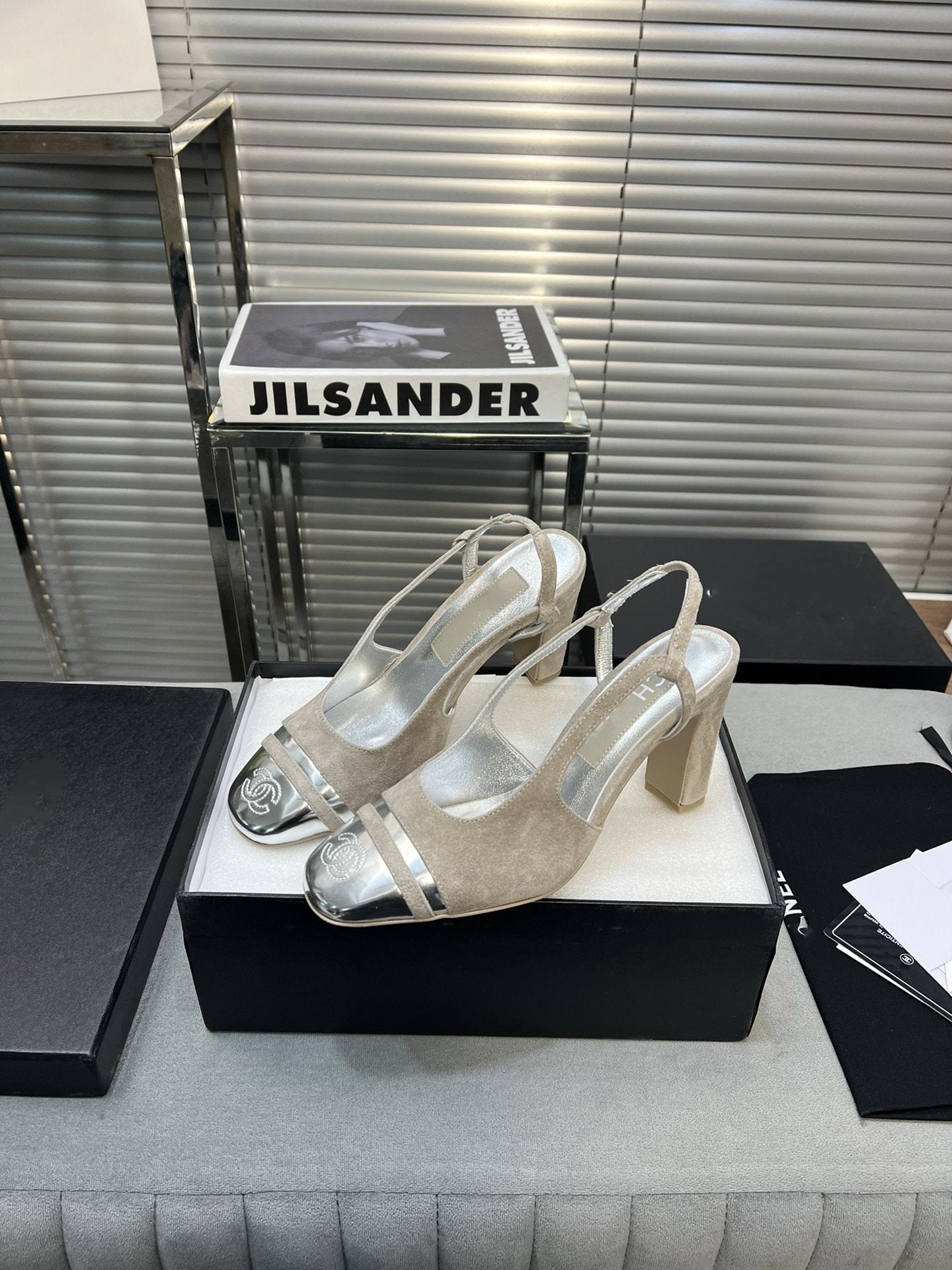 slingback grey suede silver metalic lambskin square toe 9.5