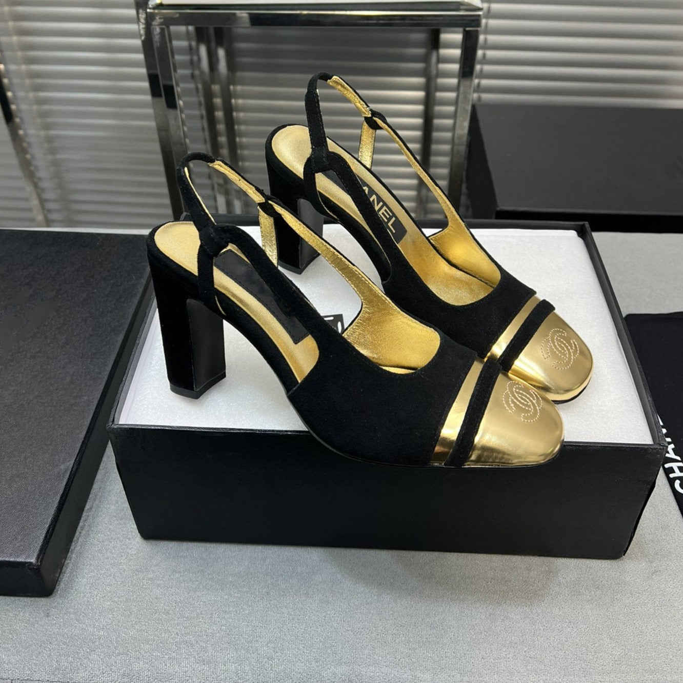 slingback black suede gold metalic lambskin square toe 9.5