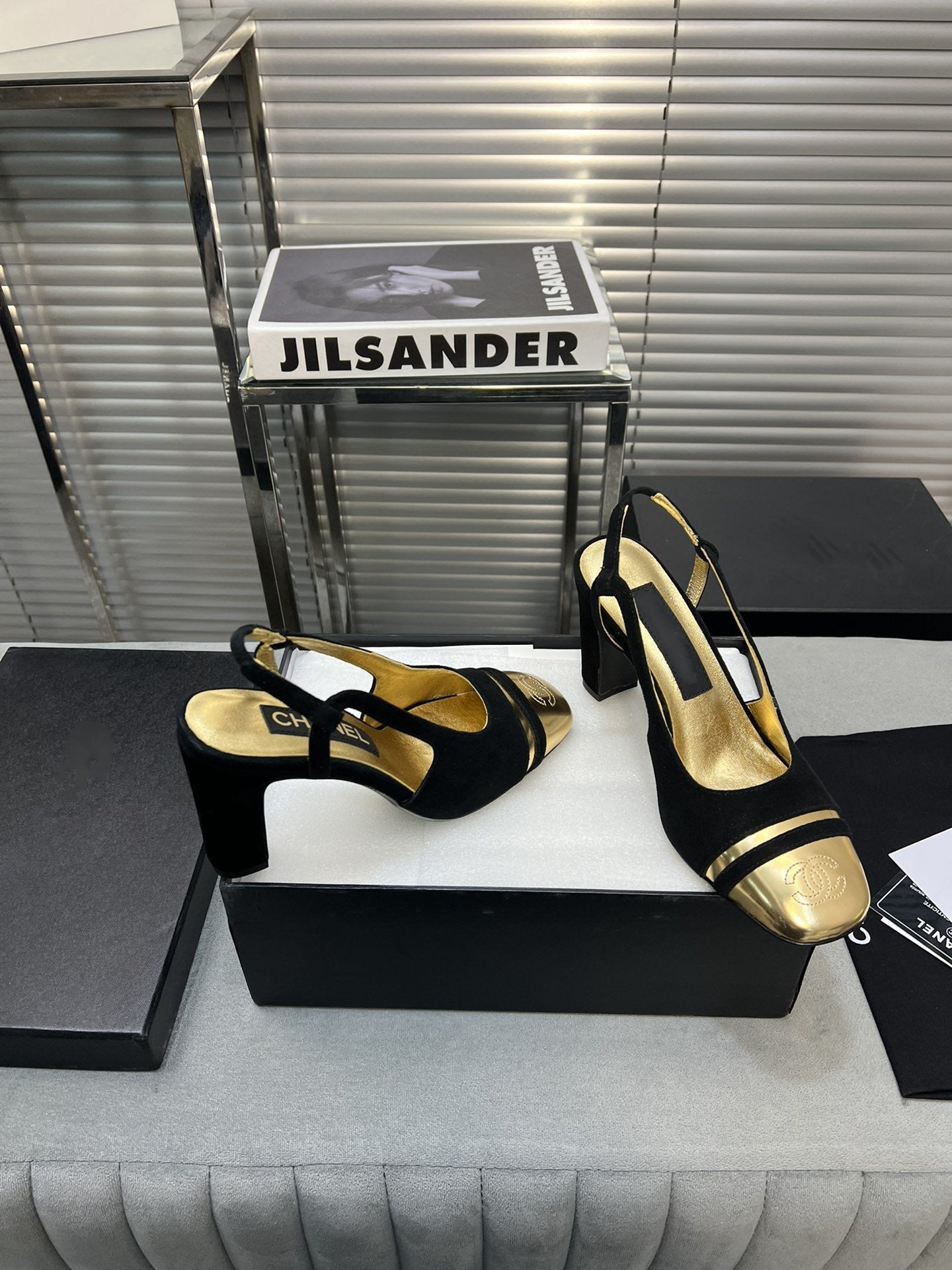 slingback black suede gold metalic lambskin square toe 9.5