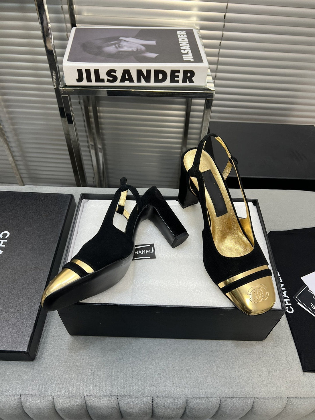 slingback black suede gold metalic lambskin square toe 9.5