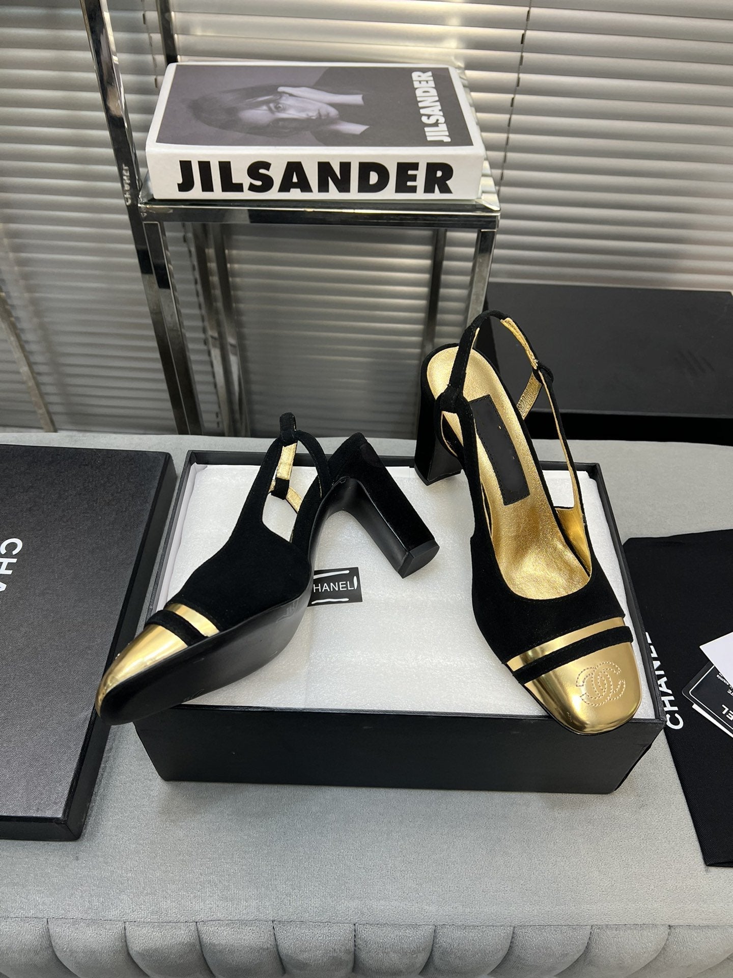 slingback black suede gold metalic lambskin square toe 9.5