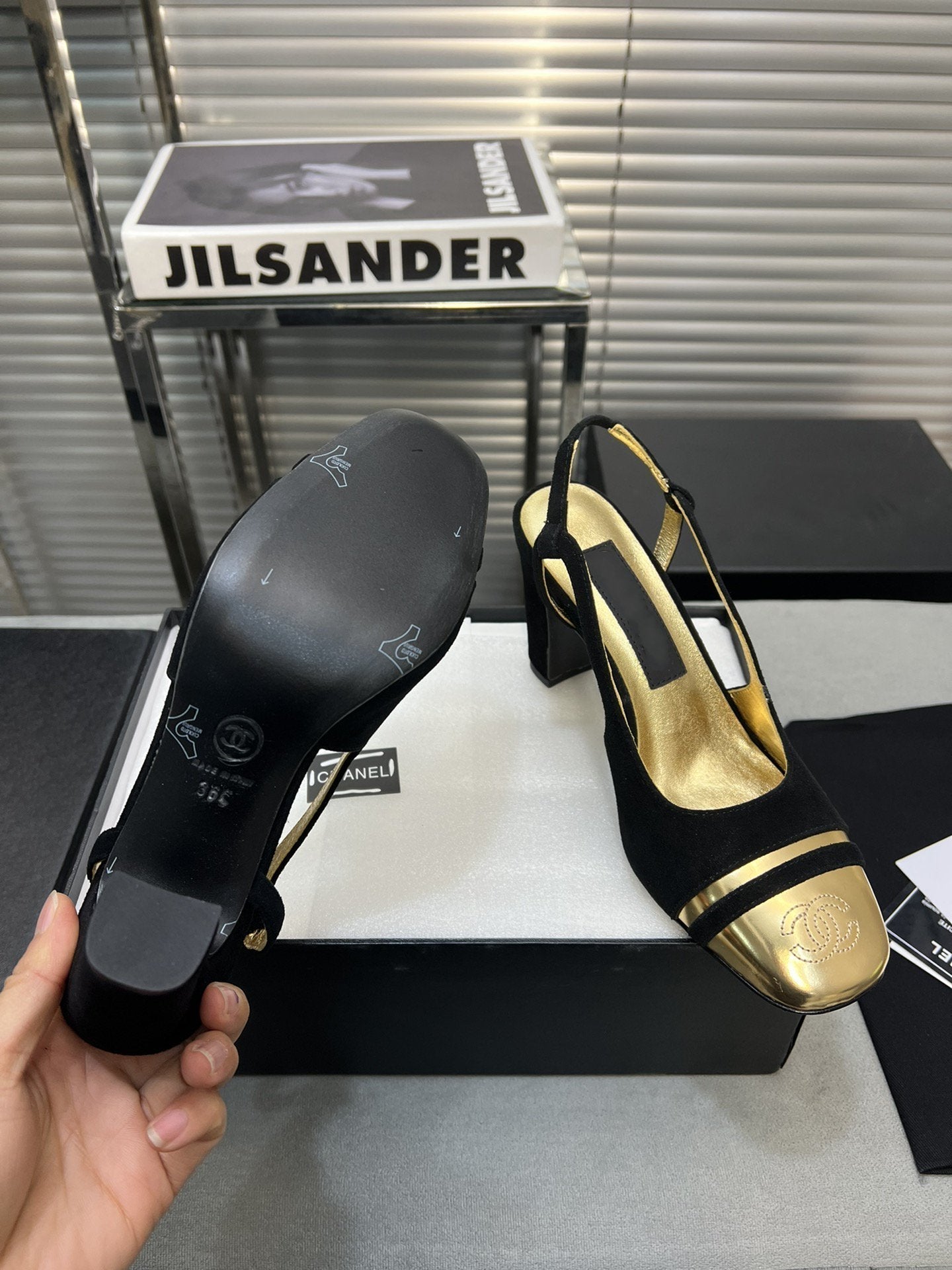 slingback black suede gold metalic lambskin square toe 9.5