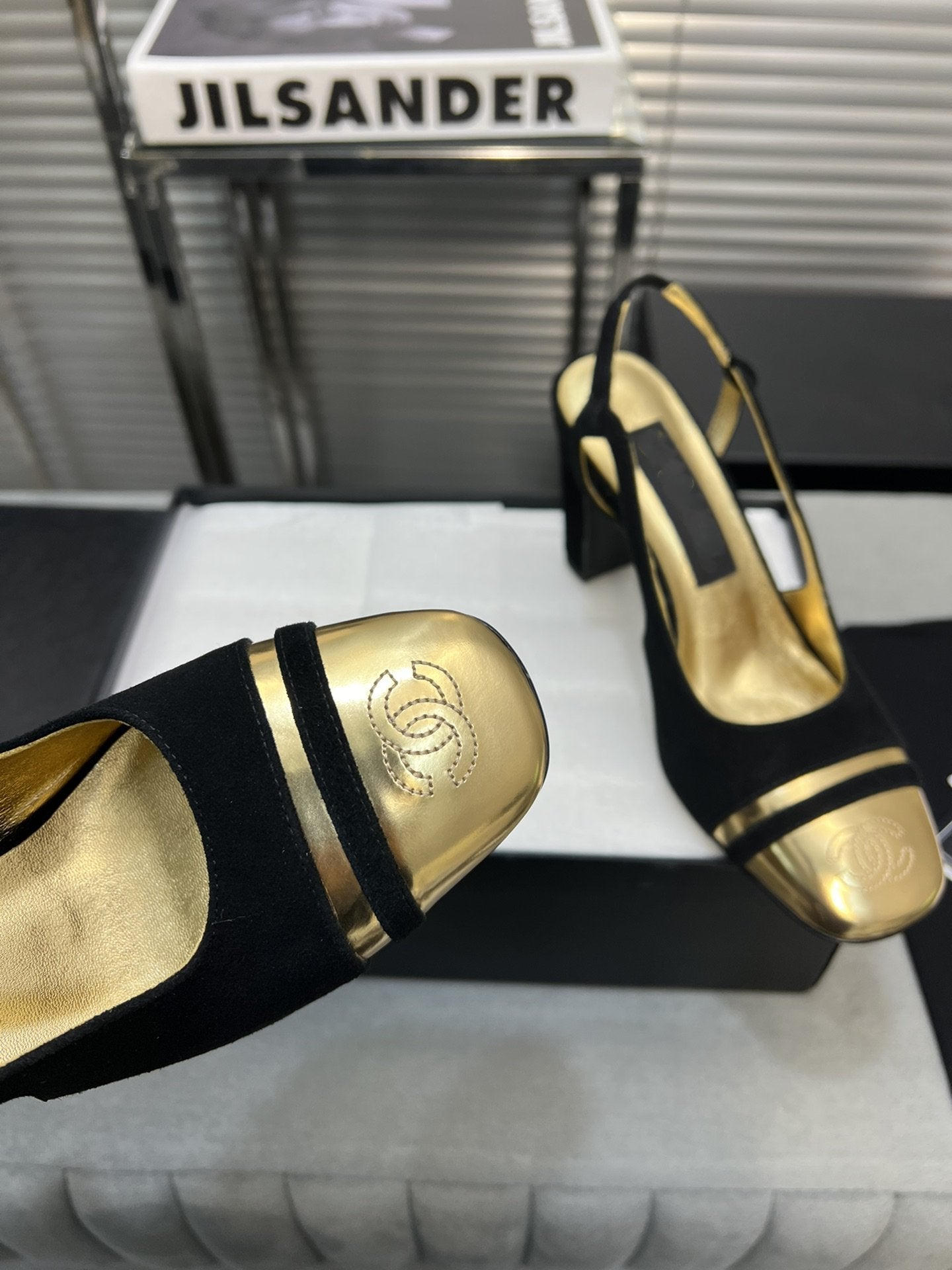 slingback black suede gold metalic lambskin square toe 9.5