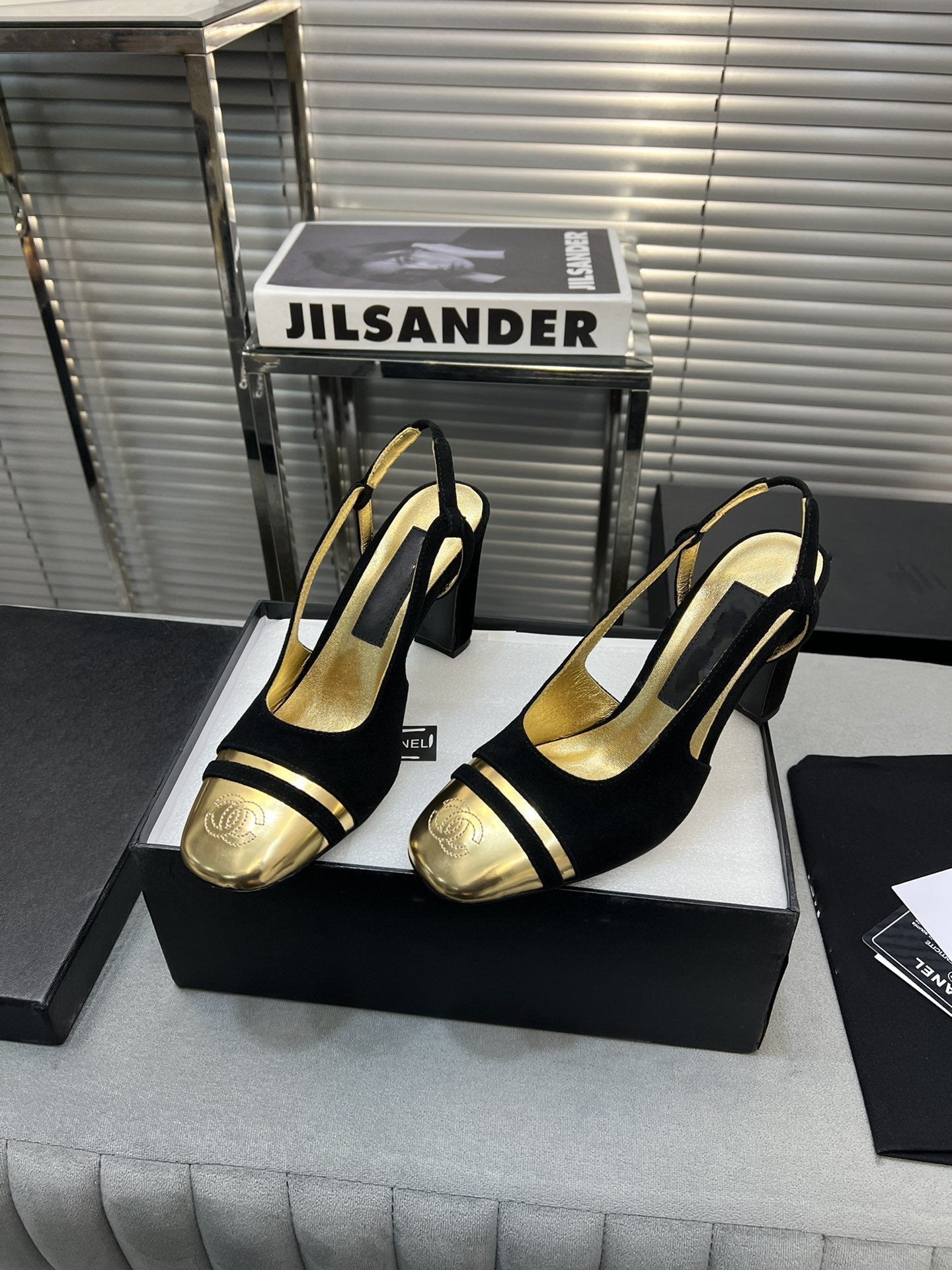 slingback black suede gold metalic lambskin square toe 9.5