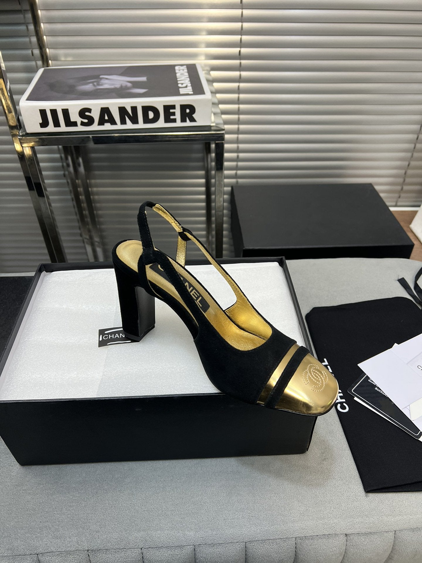 slingback black suede gold metalic lambskin square toe 9.5