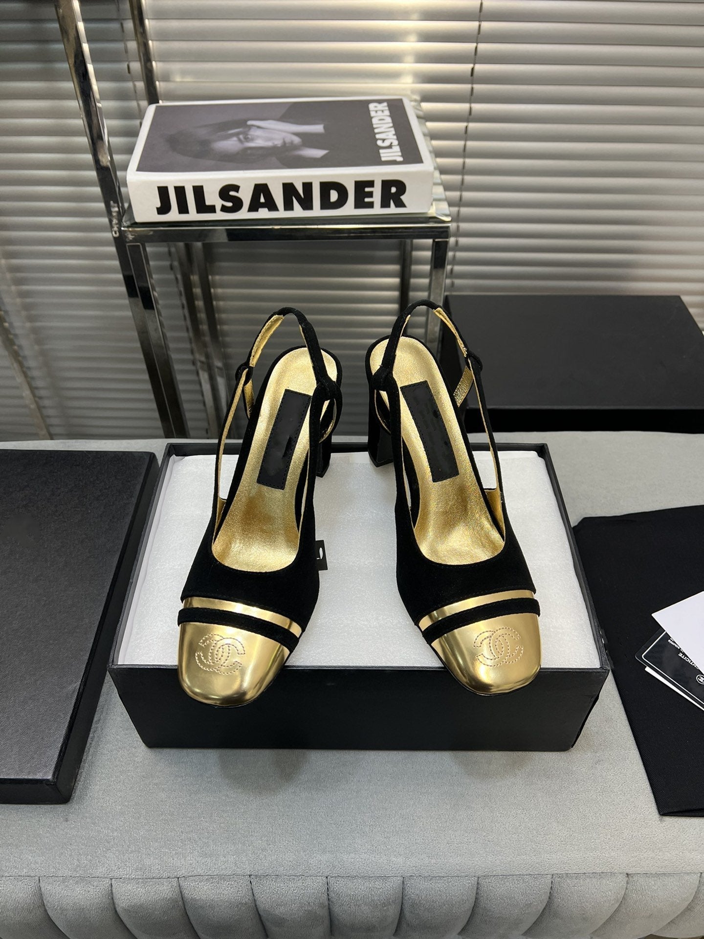 slingback black suede gold metalic lambskin square toe 9.5