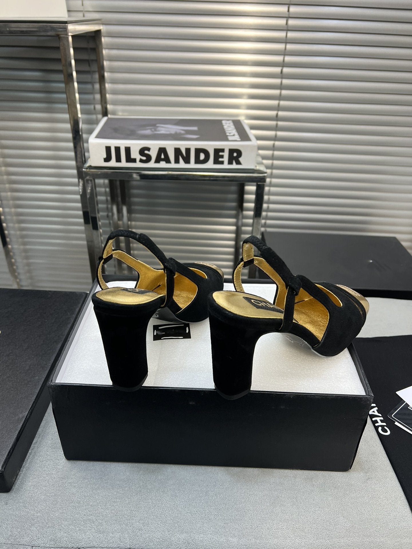 slingback black suede gold metalic lambskin square toe 9.5