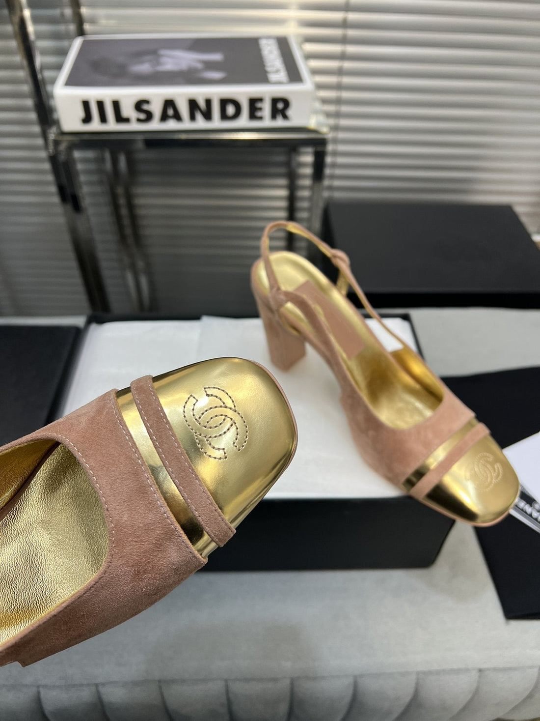 slingback rose suede gold metalic lambskin square toe 9.5