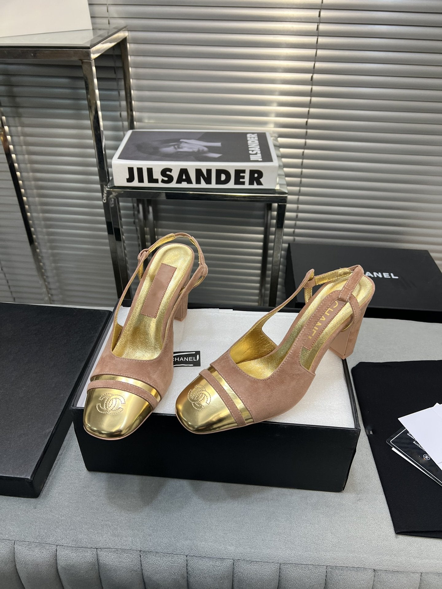 slingback rose suede gold metalic lambskin square toe 9.5