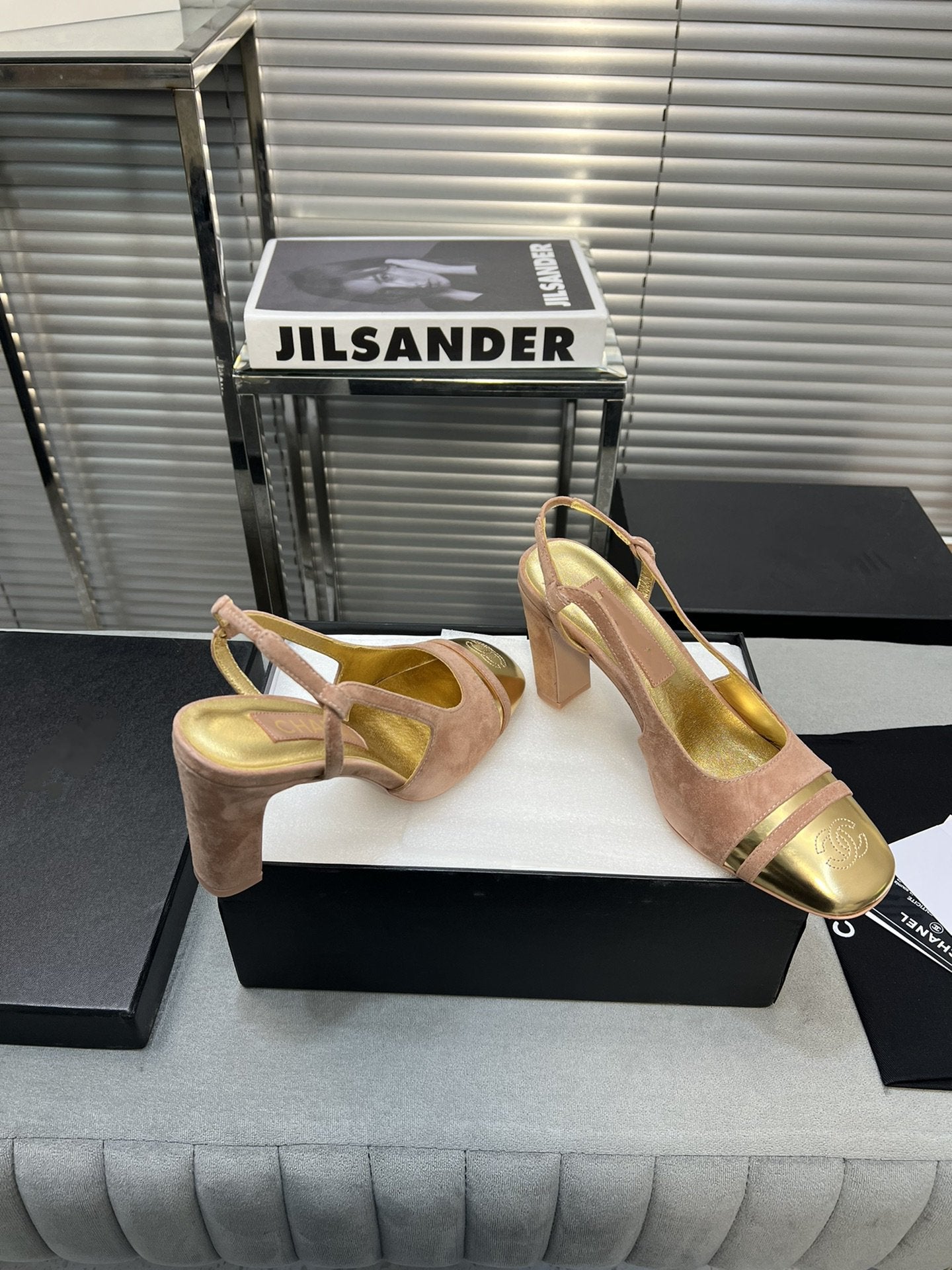 slingback rose suede gold metalic lambskin square toe 9.5