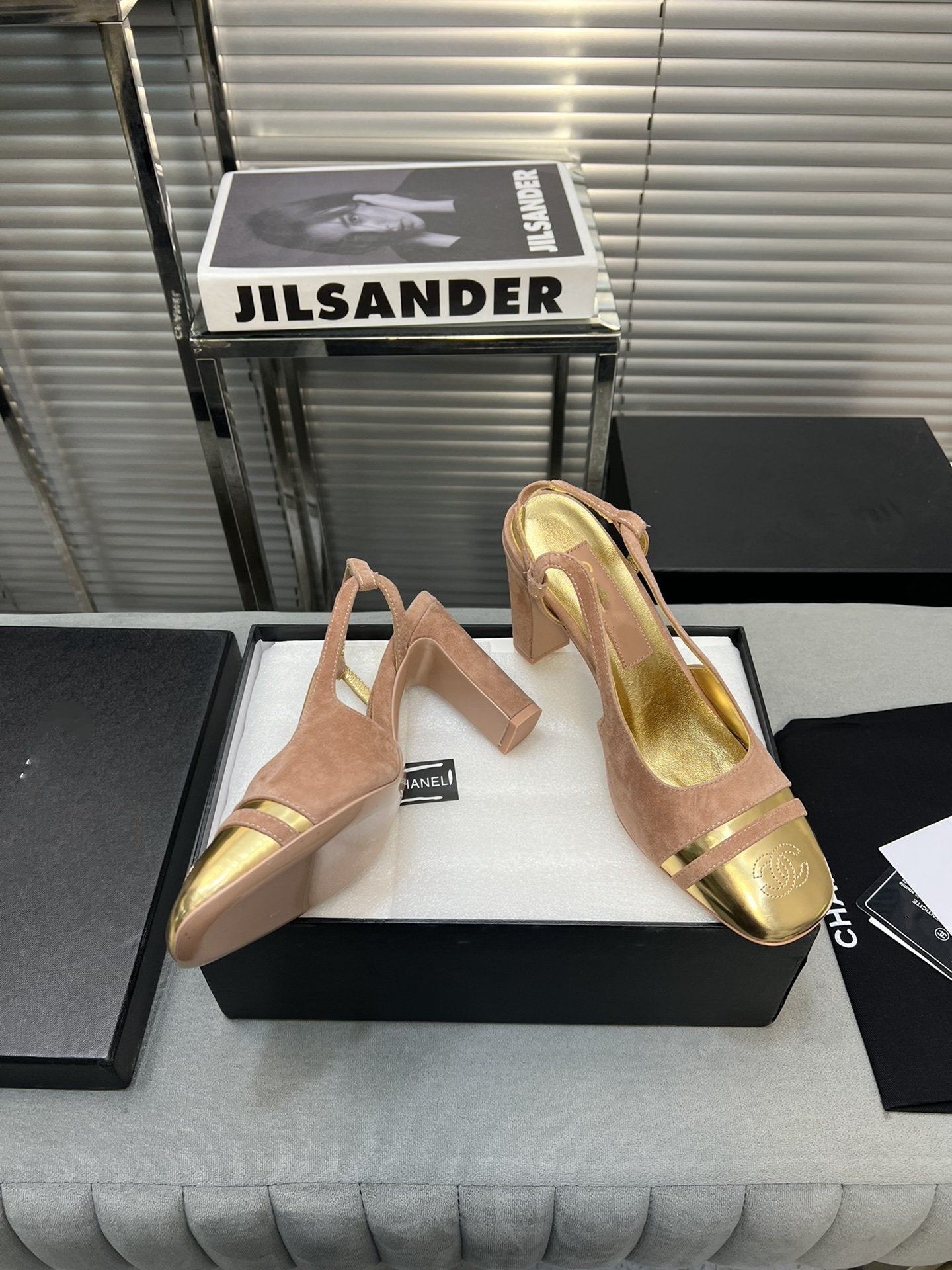 slingback rose suede gold metalic lambskin square toe 9.5