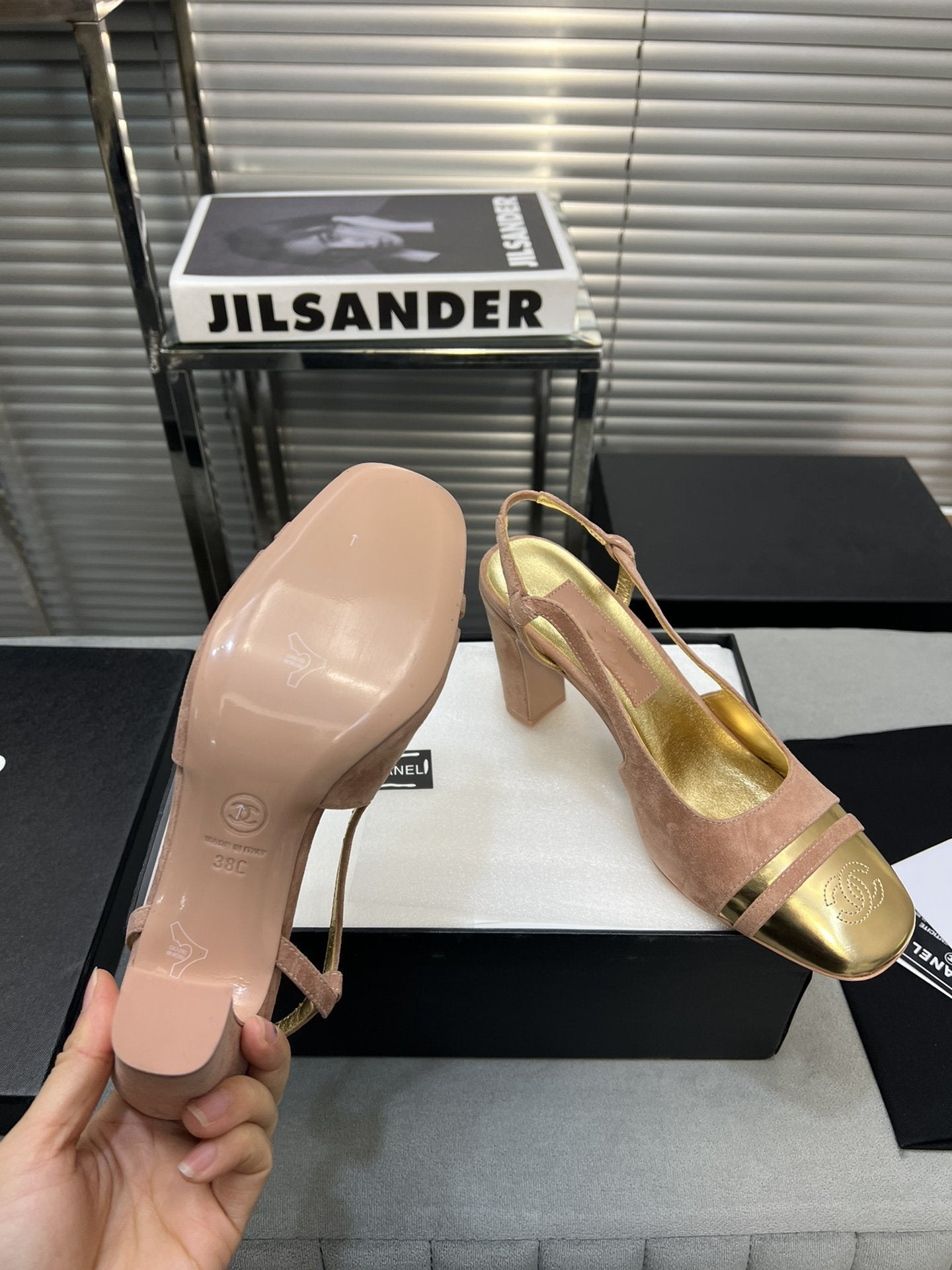 slingback rose suede gold metalic lambskin square toe 9.5