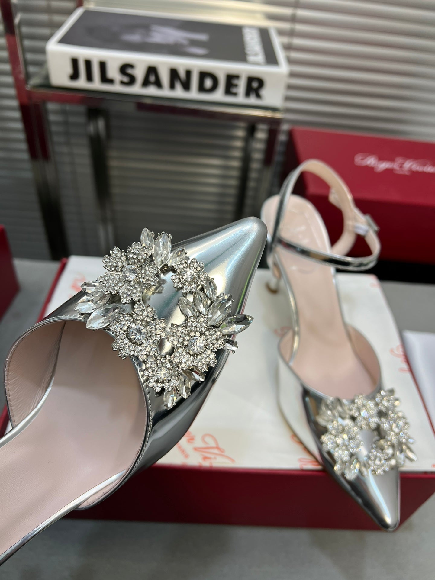 Flower Strass Buckle Slingback Pump 90 Silver